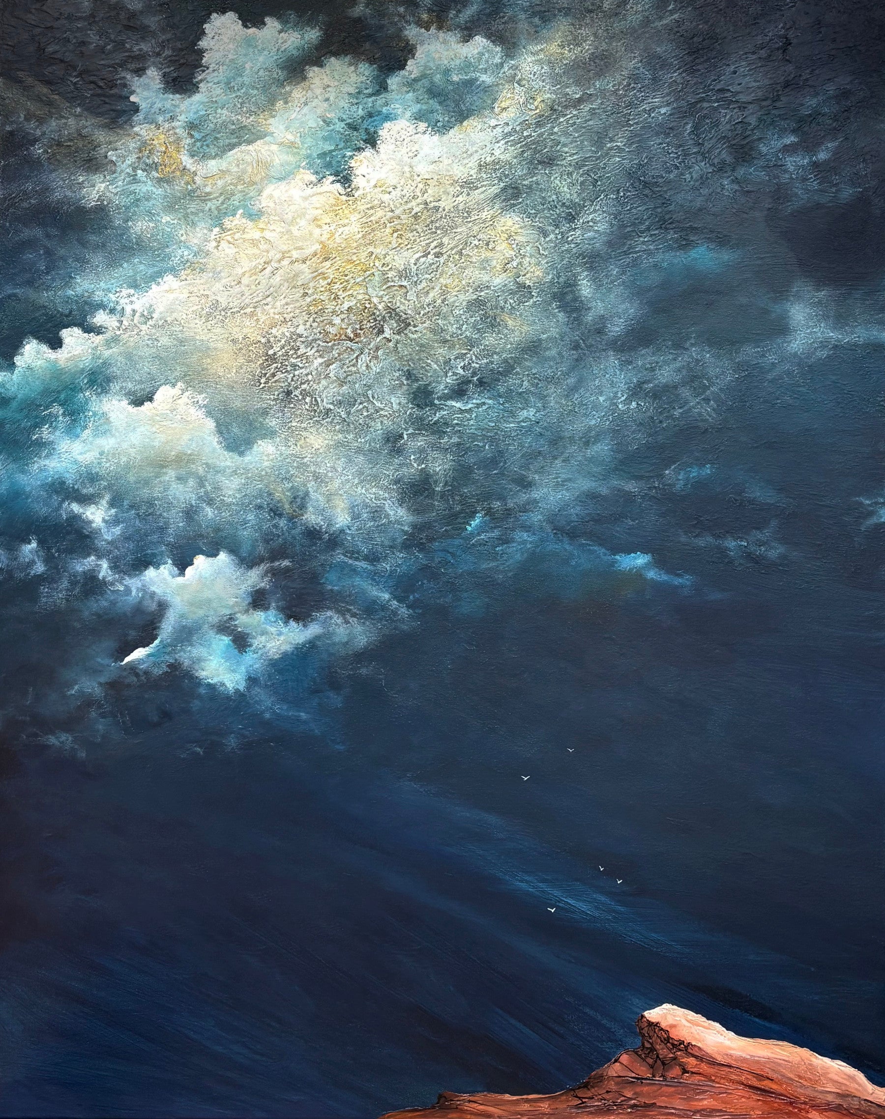 Five Lives In The Vast Silence by Australian artist Tania Chanter, 80x100cm, acrylic on canvas, moody, textured abstract cloudscape. Original, one-off, ready to hang.