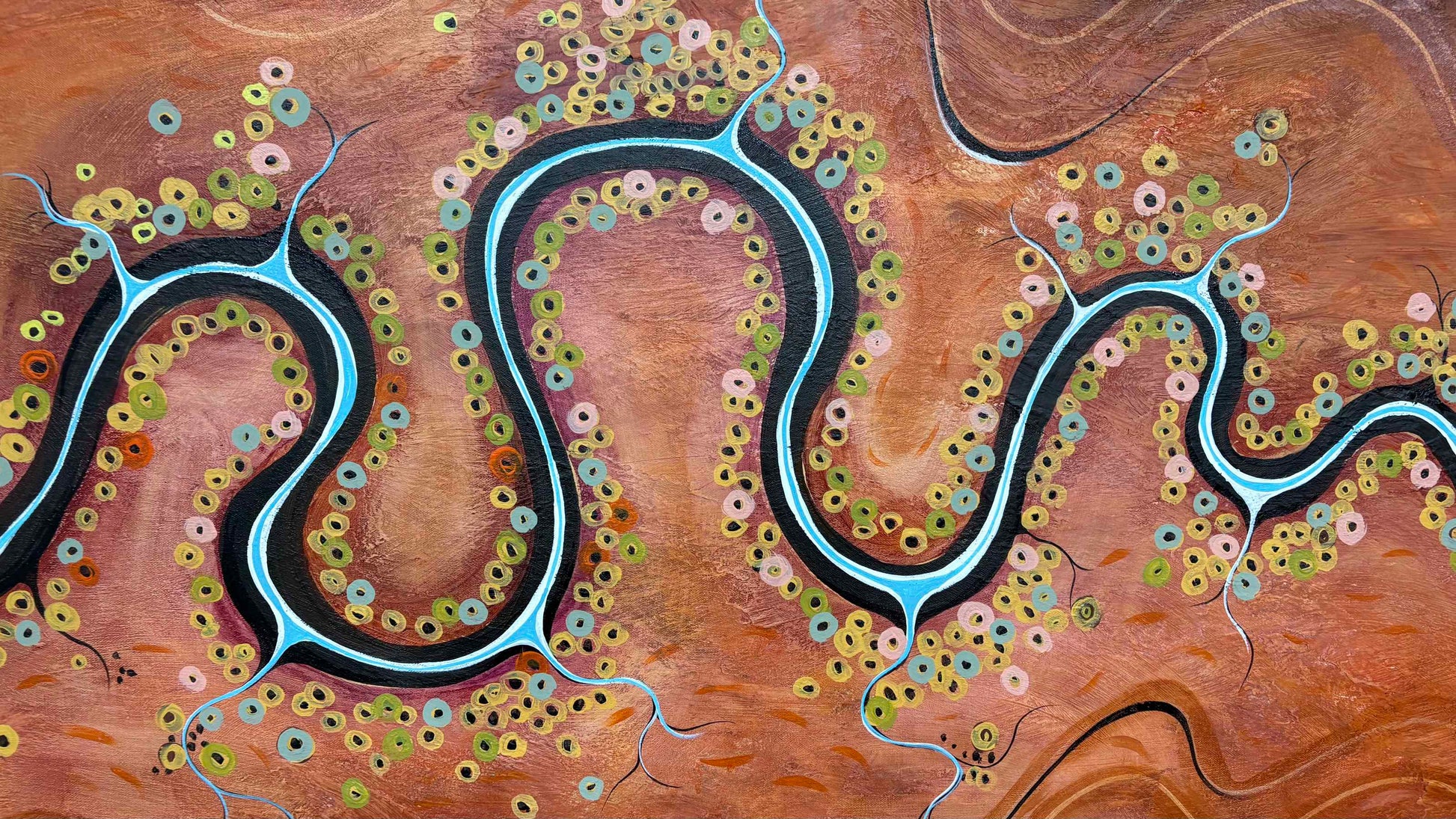 Close up of layers, detail and texture on Gentle Contours Of Time by Australian artist Tania Chanter, 180x90cm, original, acrylic on canvas, abstract aerial landscape.
