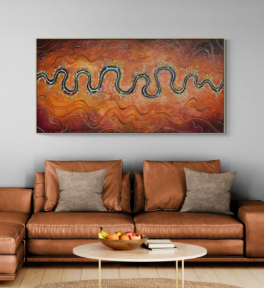 Gentle Contours Of Time by Australian artist Tania Chanter, 180x90cm, original, acrylic on canvas, abstract aerial landscape.
