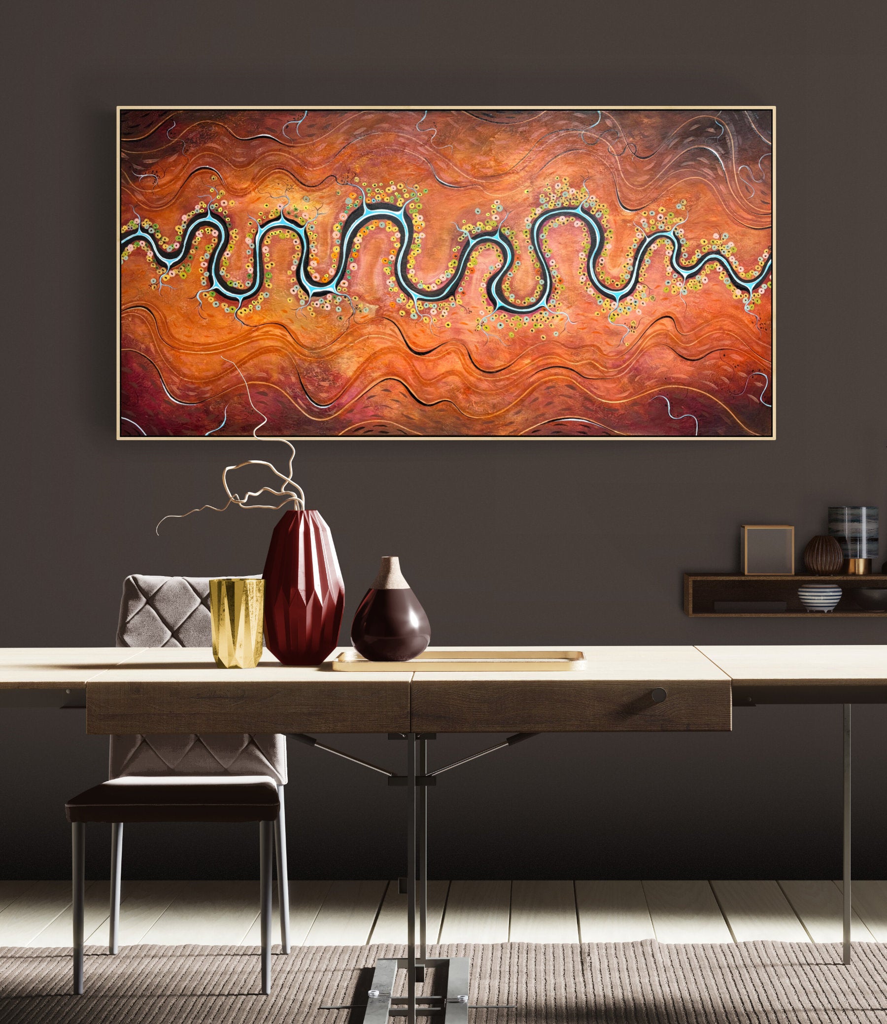 Gentle Contours Of Time by Australian artist Tania Chanter, 180x90cm, original, acrylic on canvas, abstract aerial landscape.
