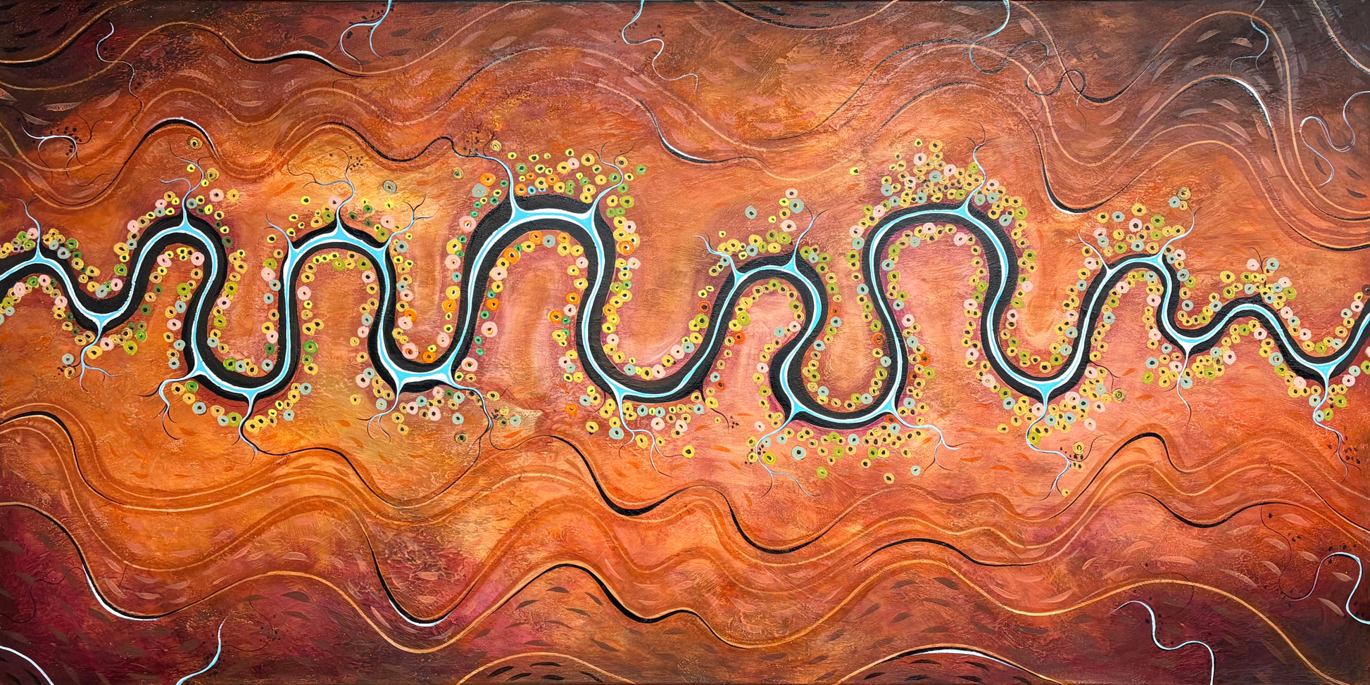 Gentle Contours Of Time by Australian artist Tania Chanter, 180x90cm, original, acrylic on canvas, abstract aerial landscape.
