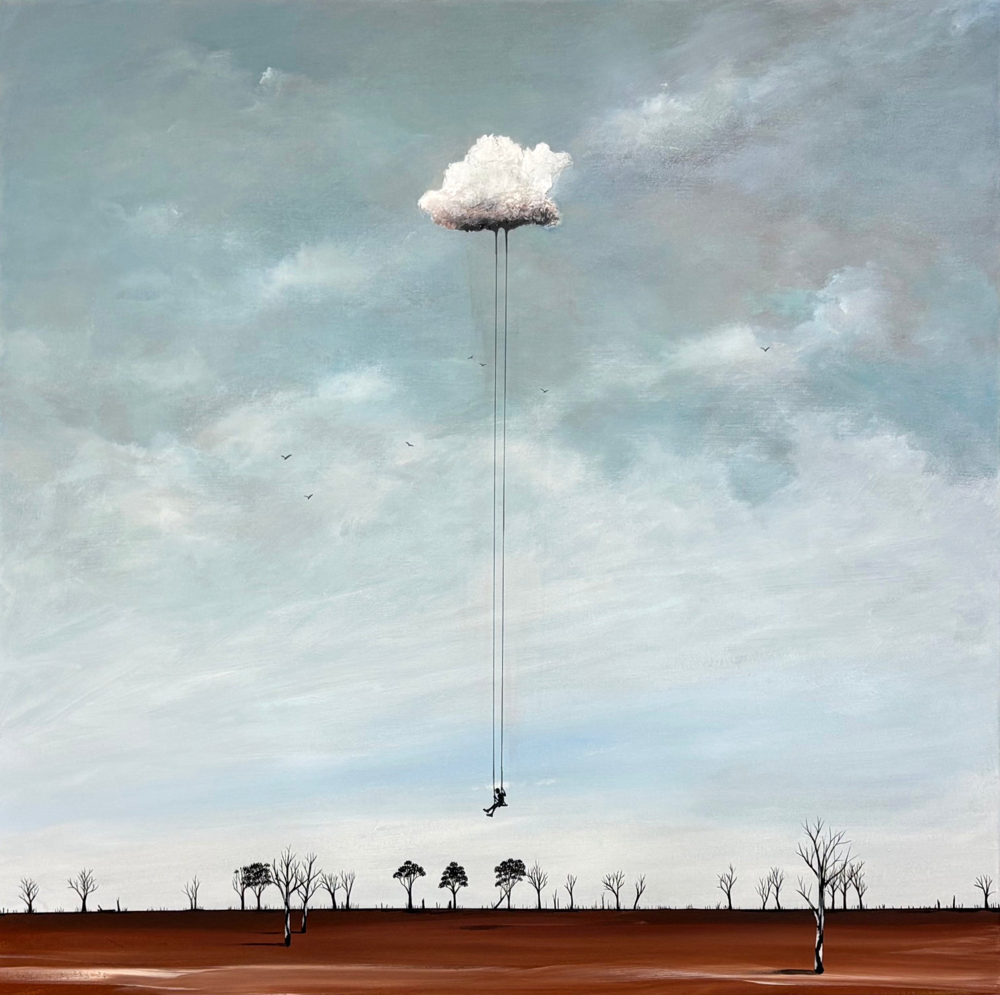 A surreal landscape painting showing a small figure hanging from a cloud by long strings above a barren brown field with sparse trees under a pale blue-gray sky.