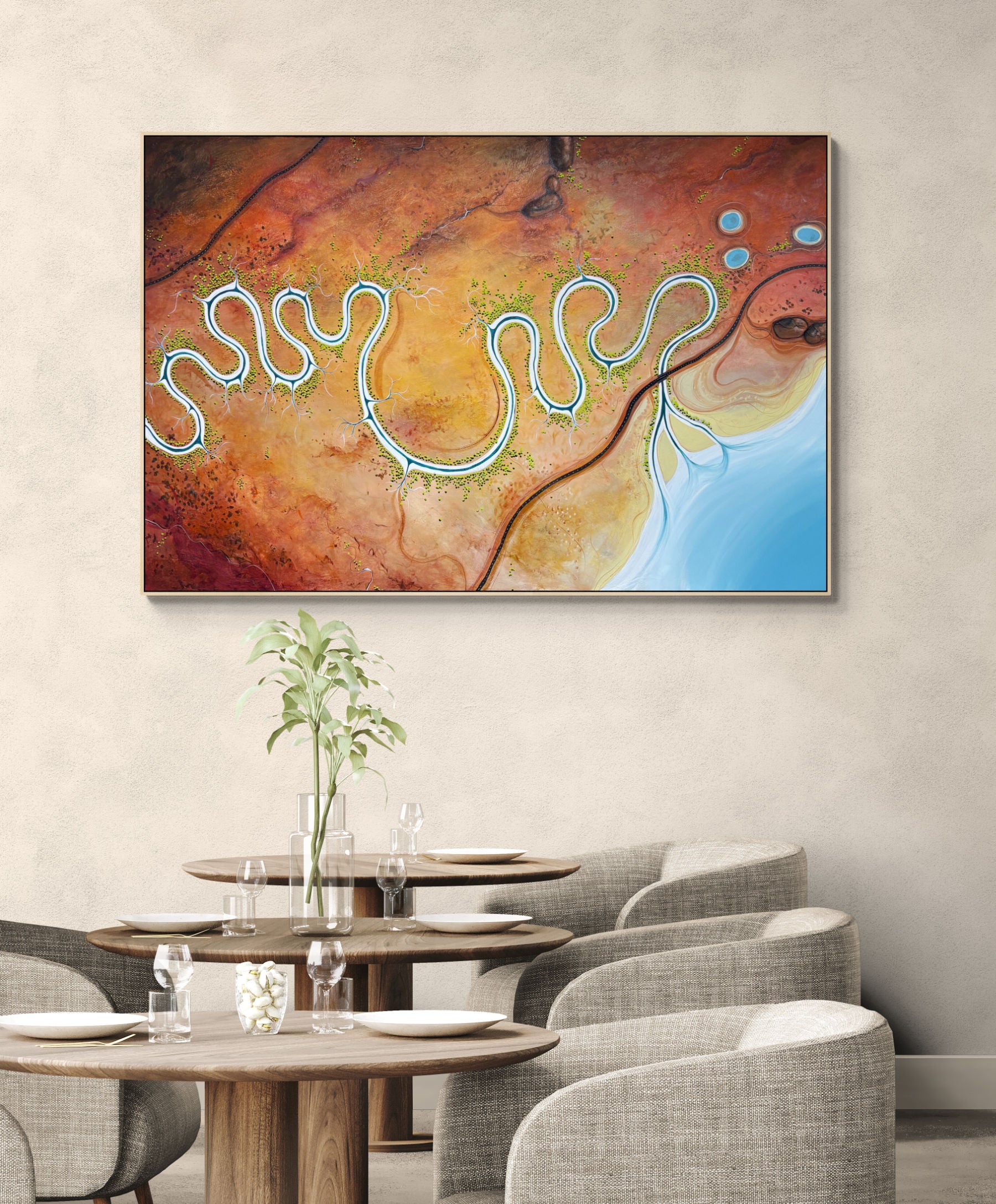 Original, aerial abstract landscape painting; Held By The Earth, Drawn to the sea by Australian artist Tania Chanter. Acrylic on canvas, 180x120cm.