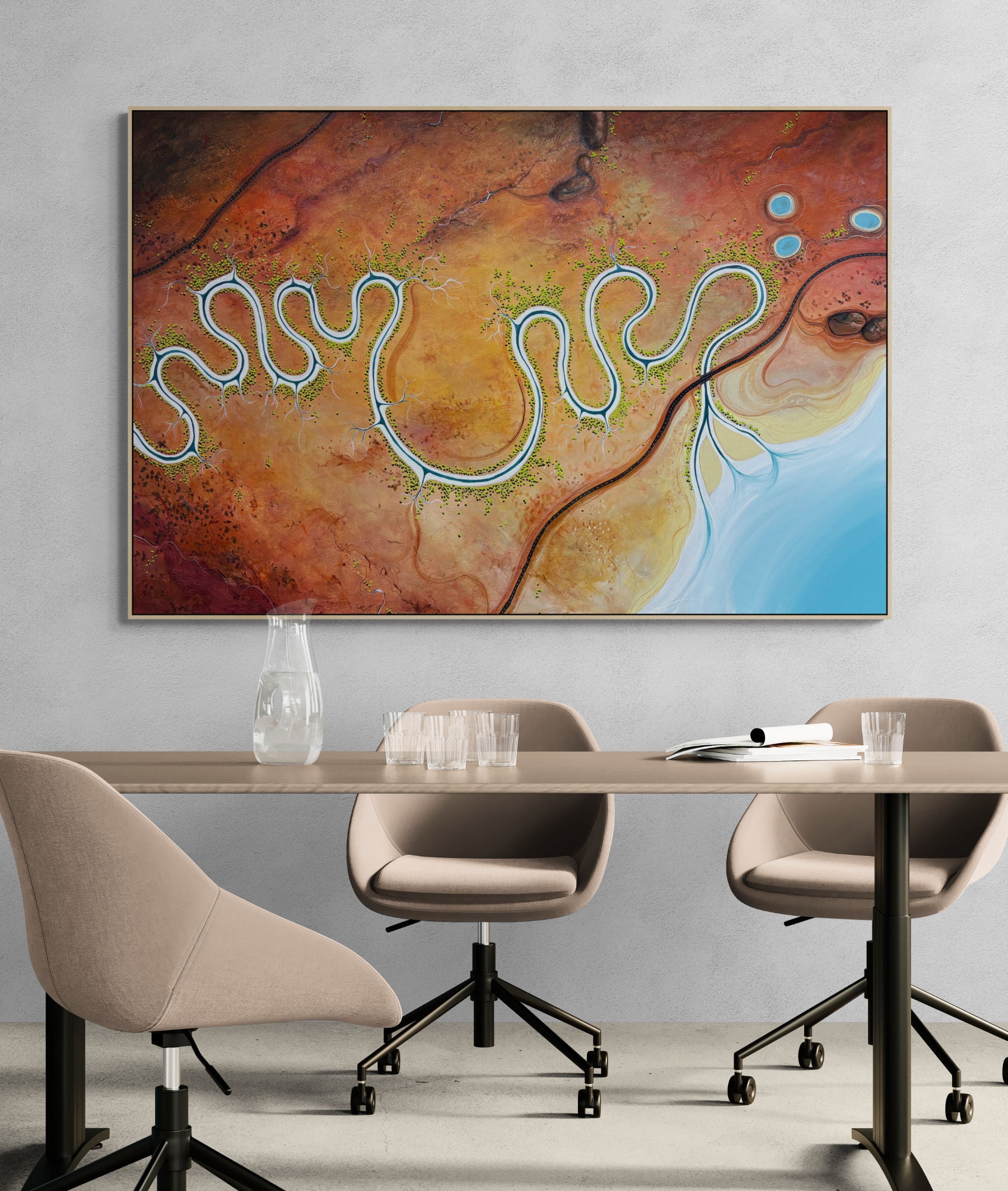 Original, aerial abstract landscape painting; Held By The Earth, Drawn to the sea by Australian artist Tania Chanter. Acrylic on canvas, 180x120cm.