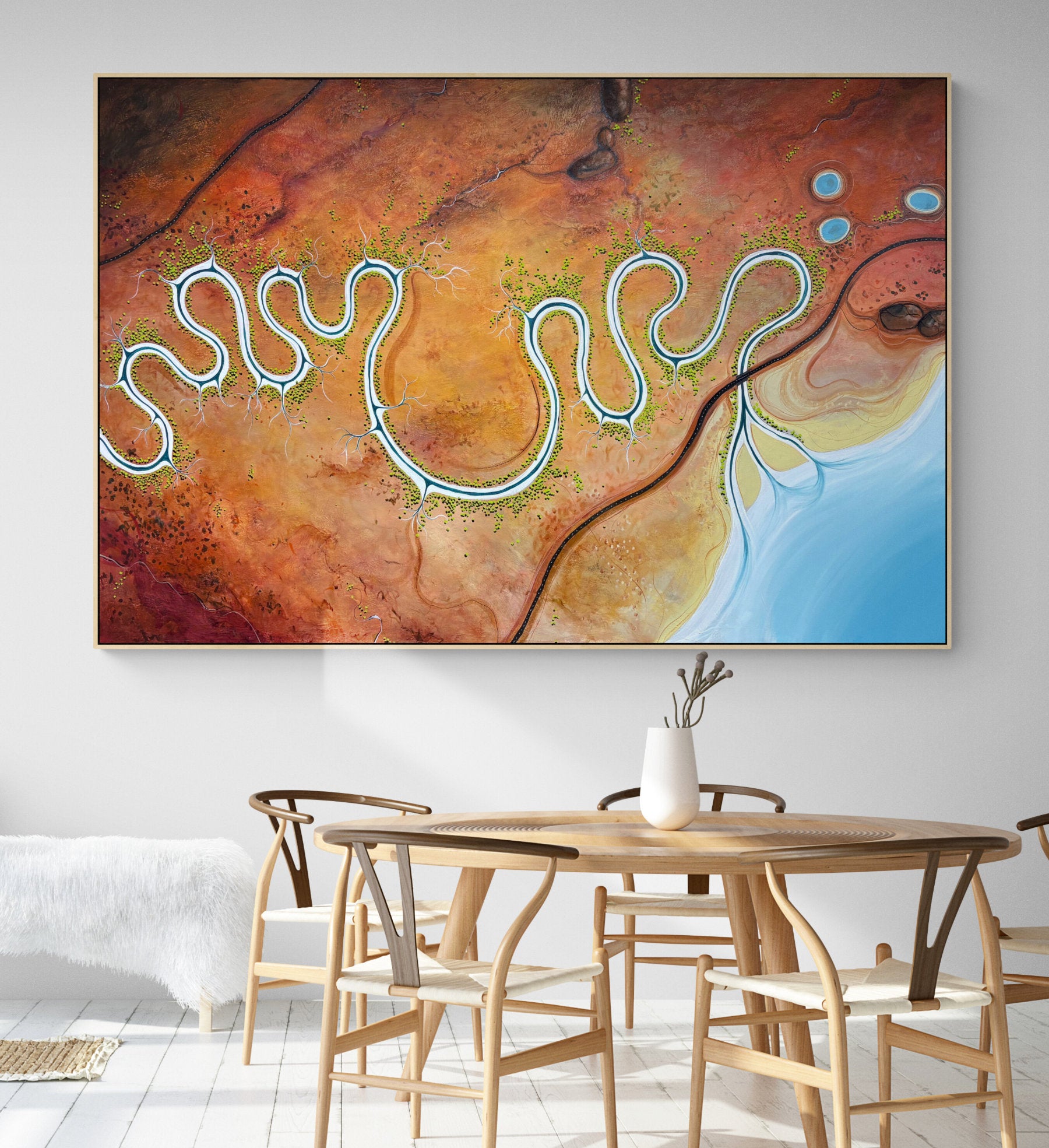 Original, aerial abstract landscape painting; Held By The Earth, Drawn to the sea by Australian artist Tania Chanter. Acrylic on canvas, 180x120cm.
