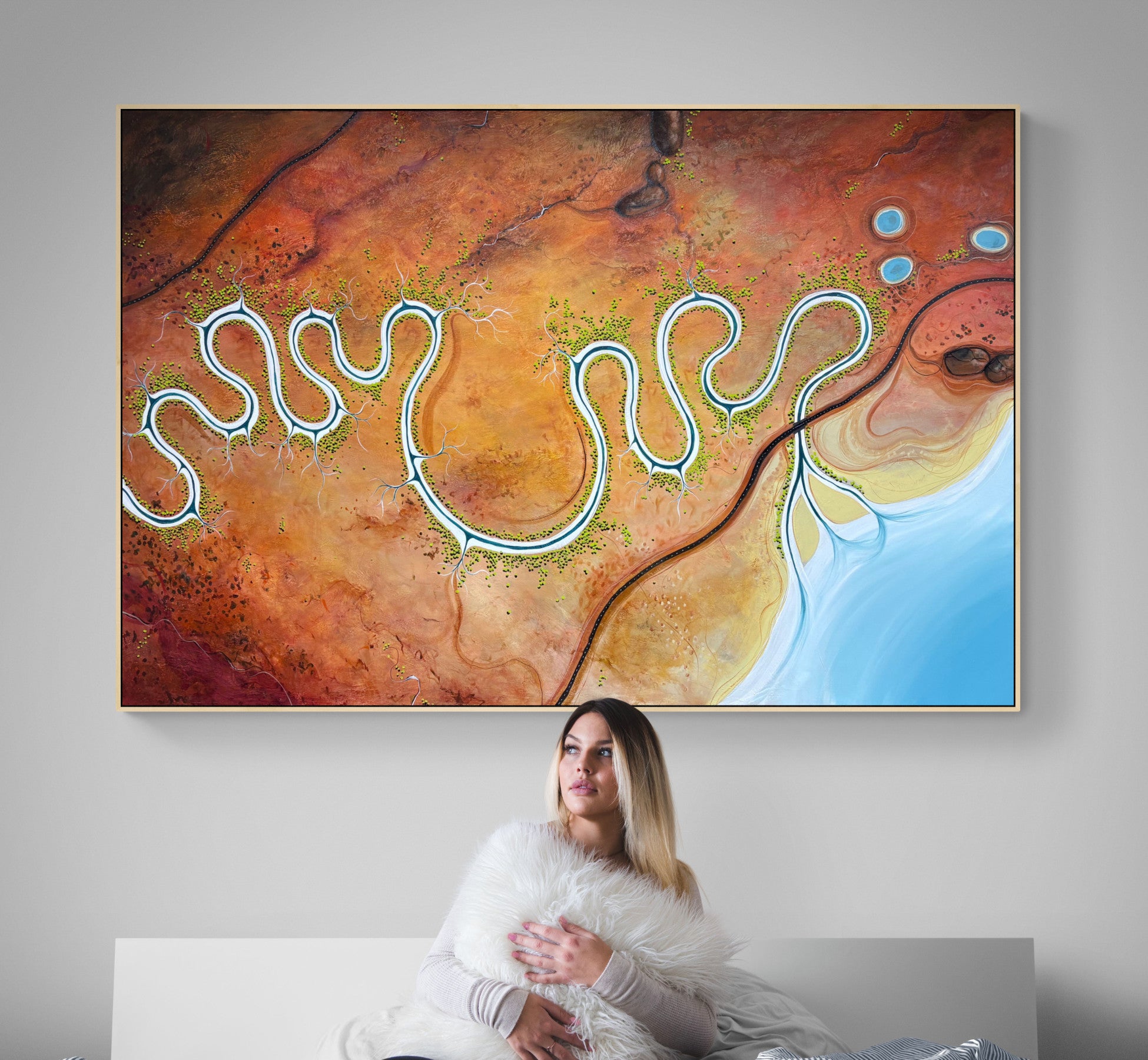 Original, aerial abstract landscape painting; Held By The Earth, Drawn to the sea by Australian artist Tania Chanter. Acrylic on canvas, 180x120cm.