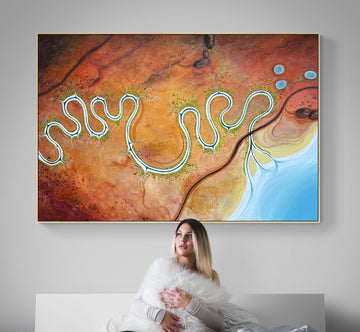 Original, aerial abstract landscape painting; Held By The Earth, Drawn to the sea by Australian artist Tania Chanter. Acrylic on canvas, 180x120cm.