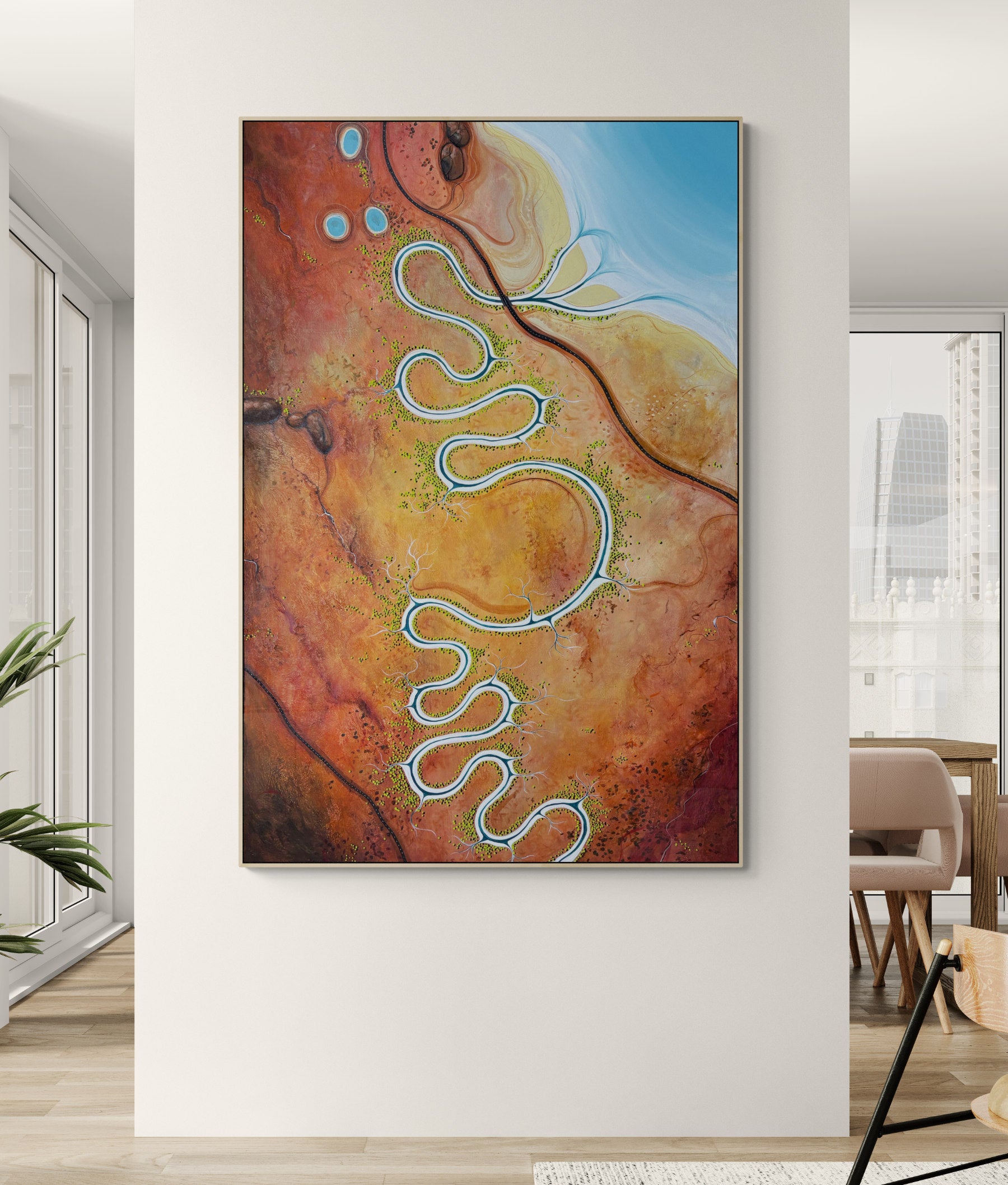 Portrait orientation of Original, aerial abstract landscape painting; Held By The Earth, Drawn to the sea by Australian artist Tania Chanter. Acrylic on canvas, 180x120cm.