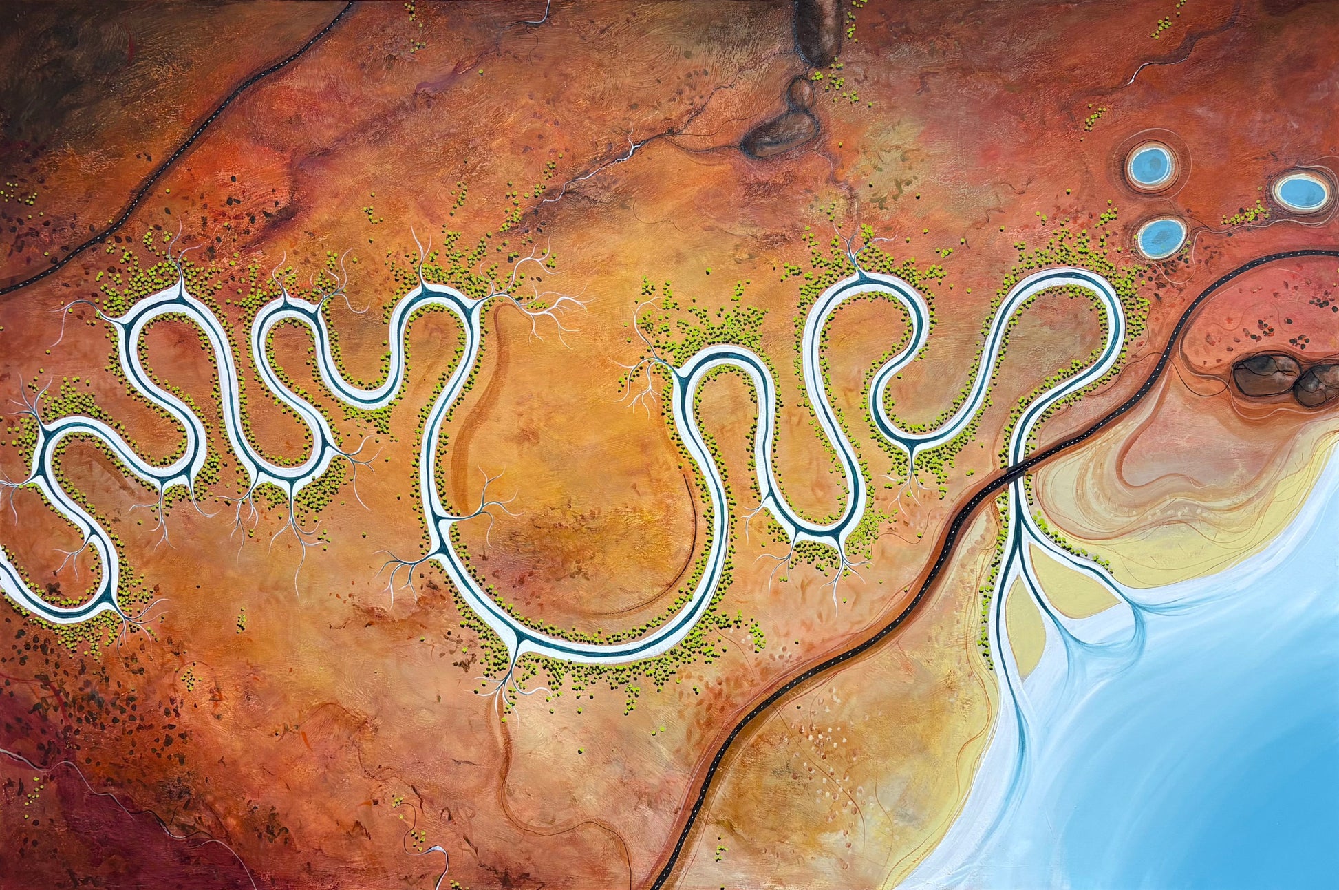 Close up of layers, detail and texture on Original, aerial abstract landscape painting; Held By The Earth, Drawn to the sea by Australian artist Tania Chanter. Acrylic on canvas, 180x120cm.