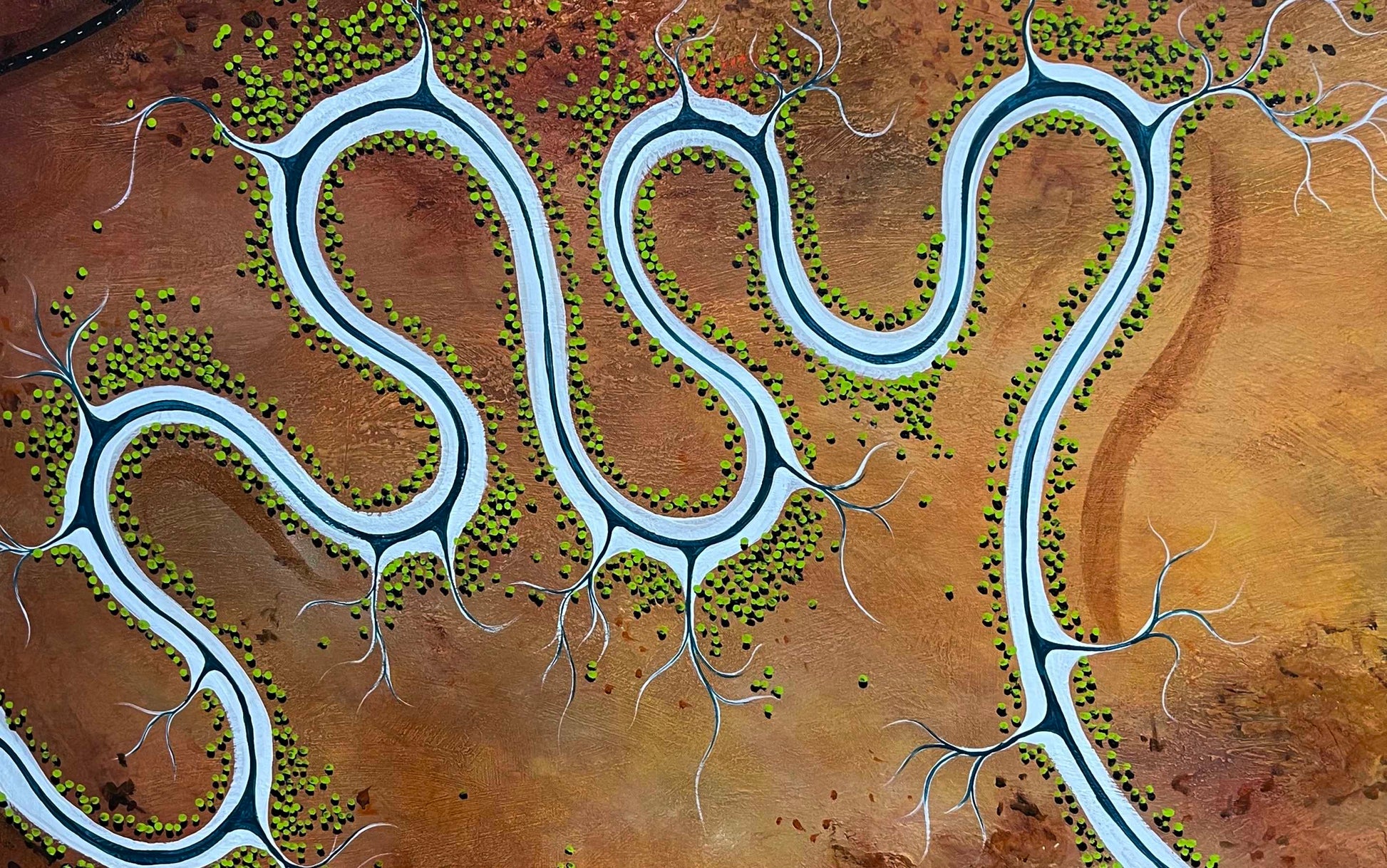 Close up of Original, aerial abstract landscape painting; Held By The Earth, Drawn to the sea by Australian artist Tania Chanter. Acrylic on canvas, 180x120cm.