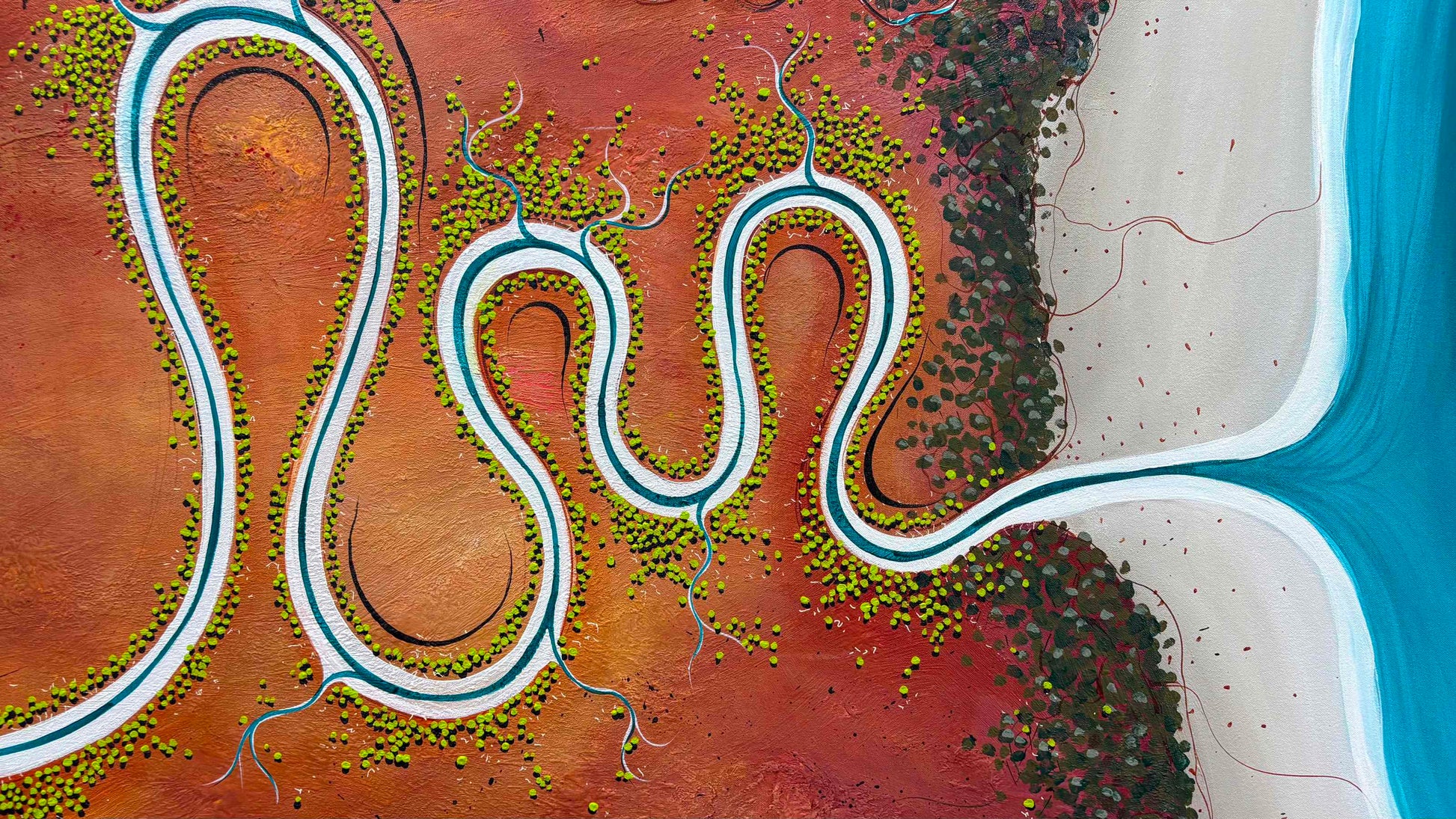 Close up of layers detail and texture on Homeward Bound by Australian artist Tania Chanter, acrylic on canvas, 180x90cm, original textured abstract landscape, aerial.