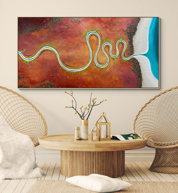 Homeward Bound by Australian artist Tania Chanter, acrylic on canvas, 180x90cm, original textured abstract landscape, aerial.