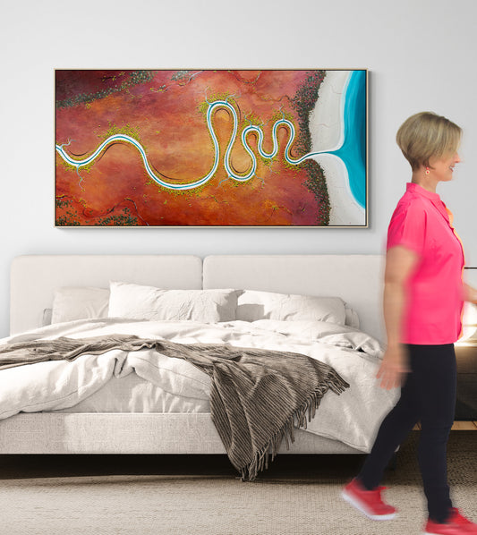 Homeward Bound by Australian artist Tania Chanter, acrylic on canvas, 180x90cm, original textured abstract landscape, aerial.