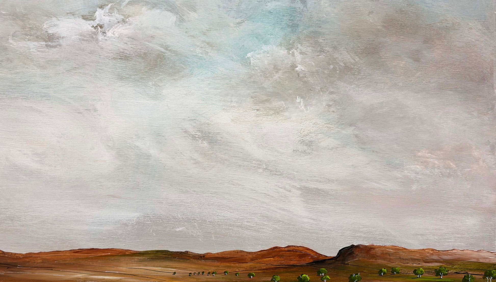 Close up of layers, detail and texture on Hope above the horizon by Australian artist Tania Chanter, 180x90cm, original, acrylic on canvas, textured abstract landscape painting.
