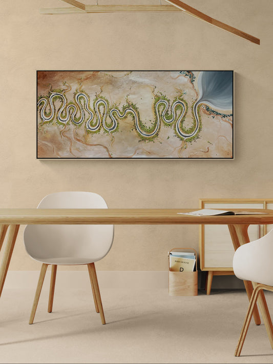 Modern contemporary textured aerial abstract landscape by Australian artist Tania Chanter, original, one-off, 160x70cm, acrylic on canvas.