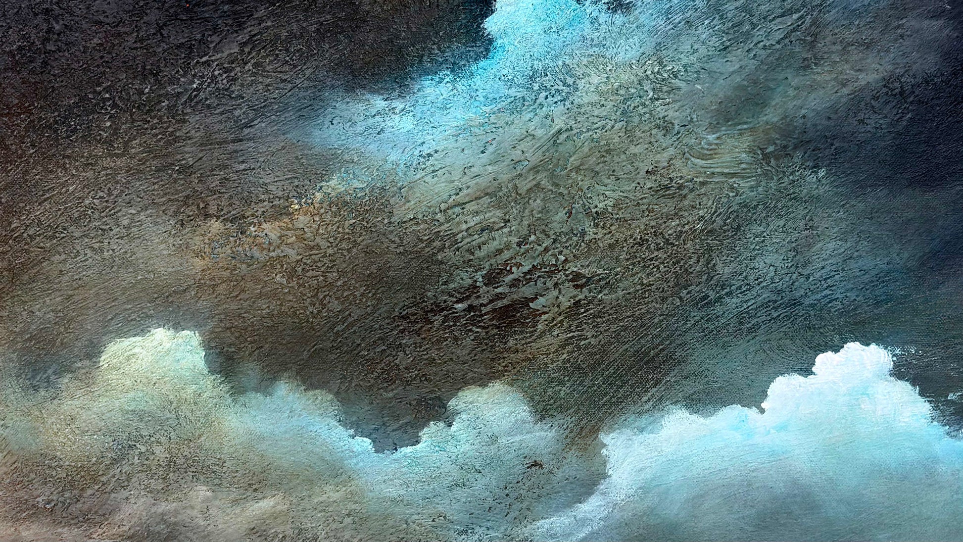 Close up of layers, detail and texture on Light on a restless tide by Australian artist Tania Chanter, original, acrylic on canvas, 60x100cm, abstract moody seascape.