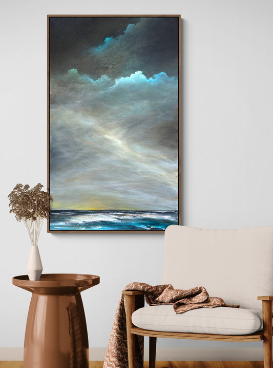 Light on a restless tide by Australian artist Tania Chanter, original, acrylic on canvas, 60x100cm, abstract moody seascape.