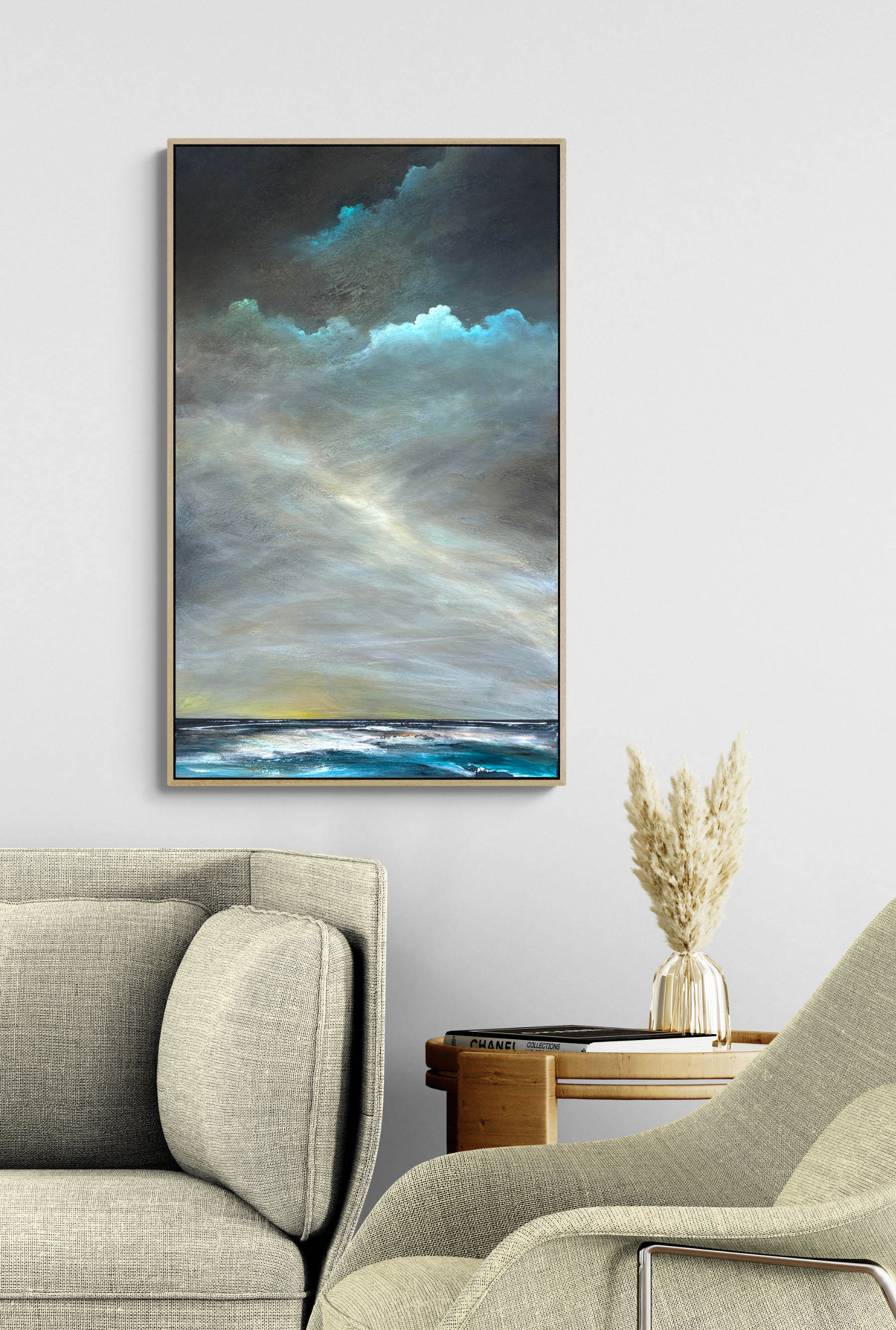 Light on a restless tide by Australian artist Tania Chanter, original, acrylic on canvas, 60x100cm, abstract moody seascape.