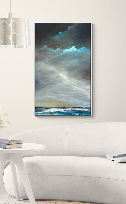 Light on a restless tide by Australian artist Tania Chanter, original, acrylic on canvas, 60x100cm, abstract moody seascape.