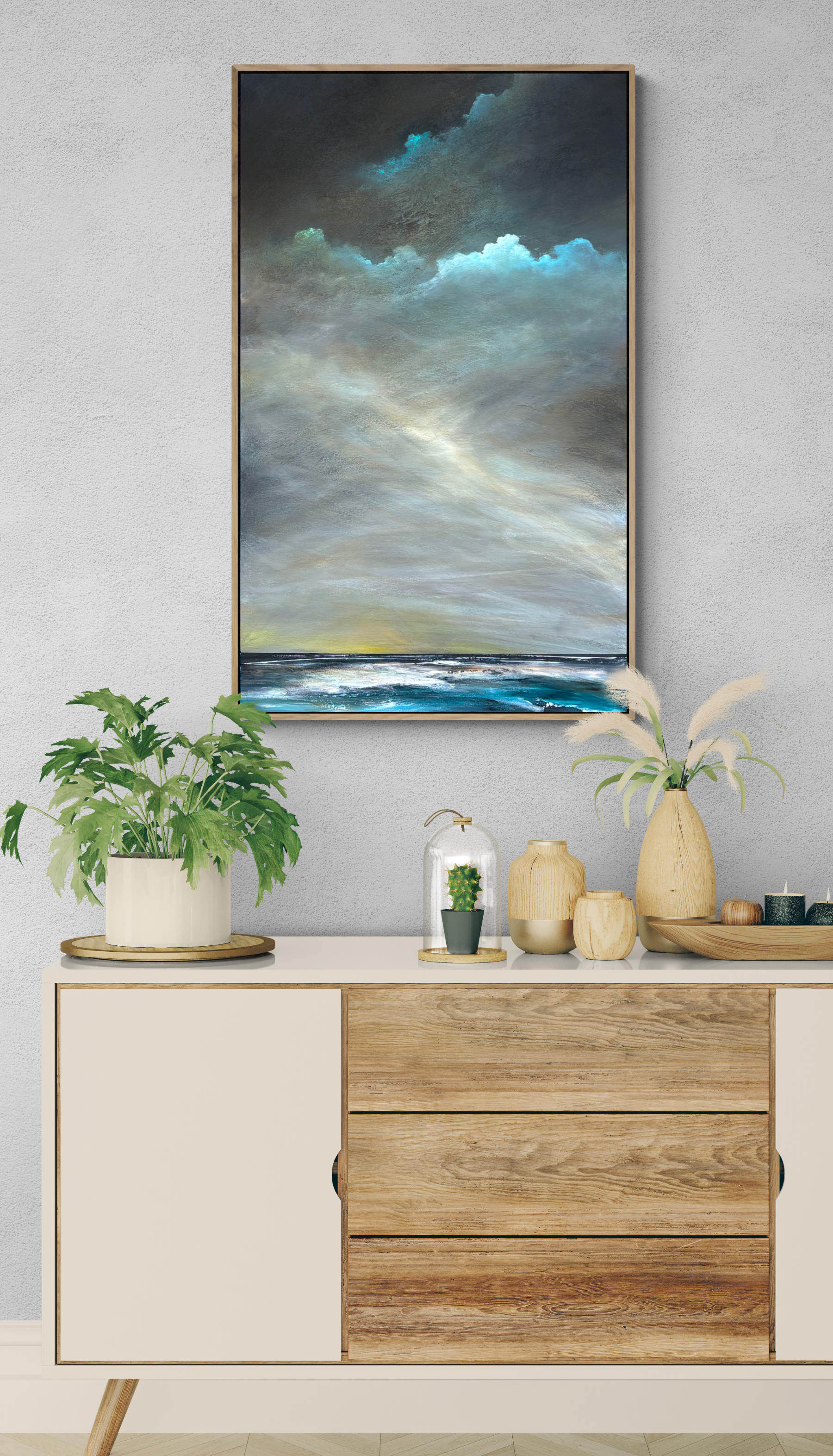Light on a restless tide by Australian artist Tania Chanter, original, acrylic on canvas, 60x100cm, abstract moody seascape.
