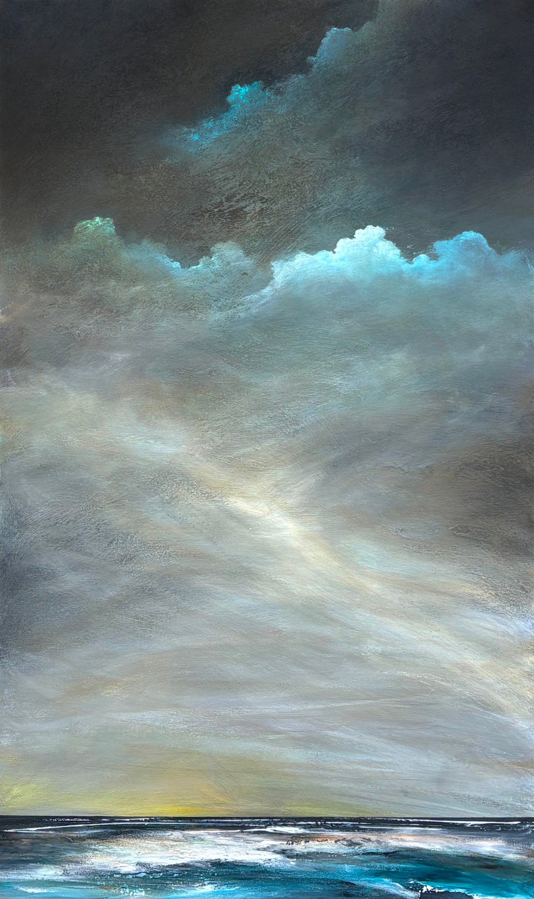 Light on a restless tide by Australian artist Tania Chanter, original, acrylic on canvas, 60x100cm, abstract moody seascape.