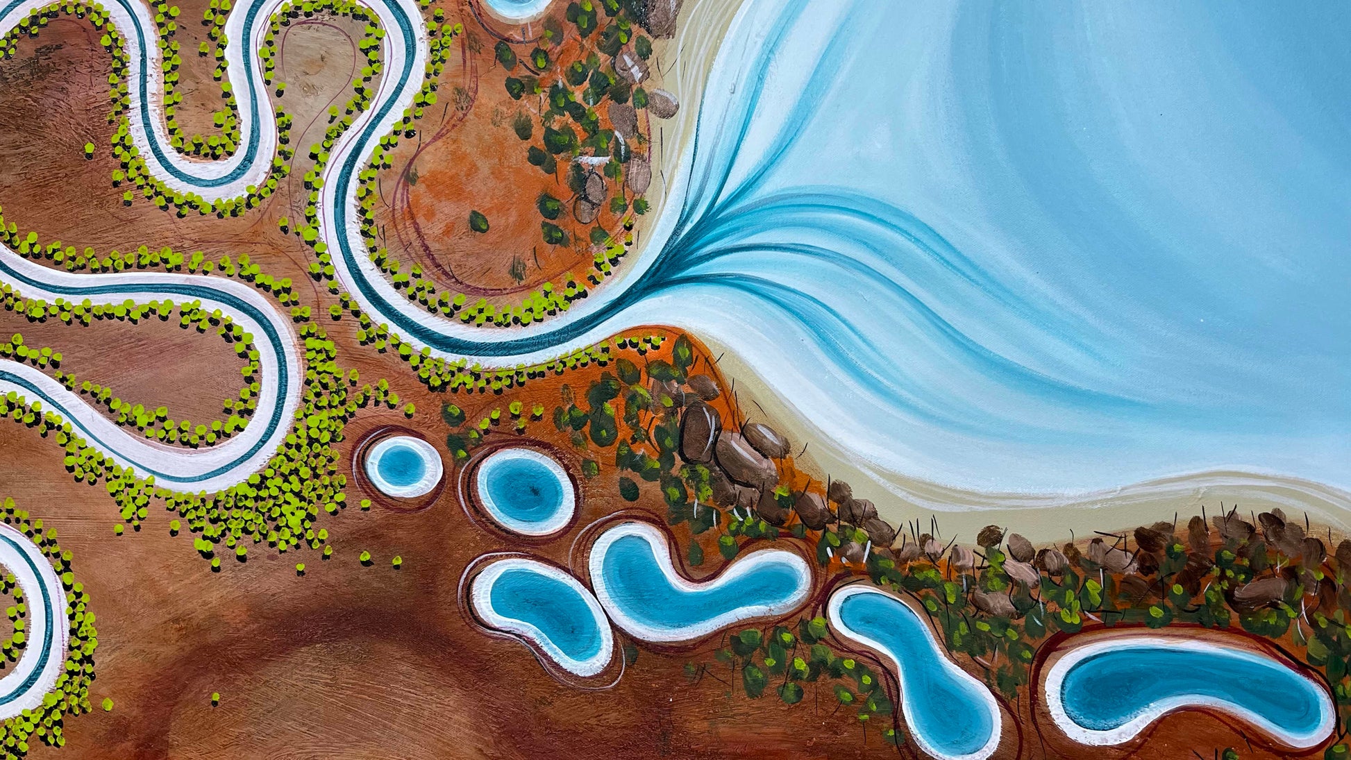 Close up of layers, detail and texture of original art, Lines Of Time by Australian artist Tania Chanter.