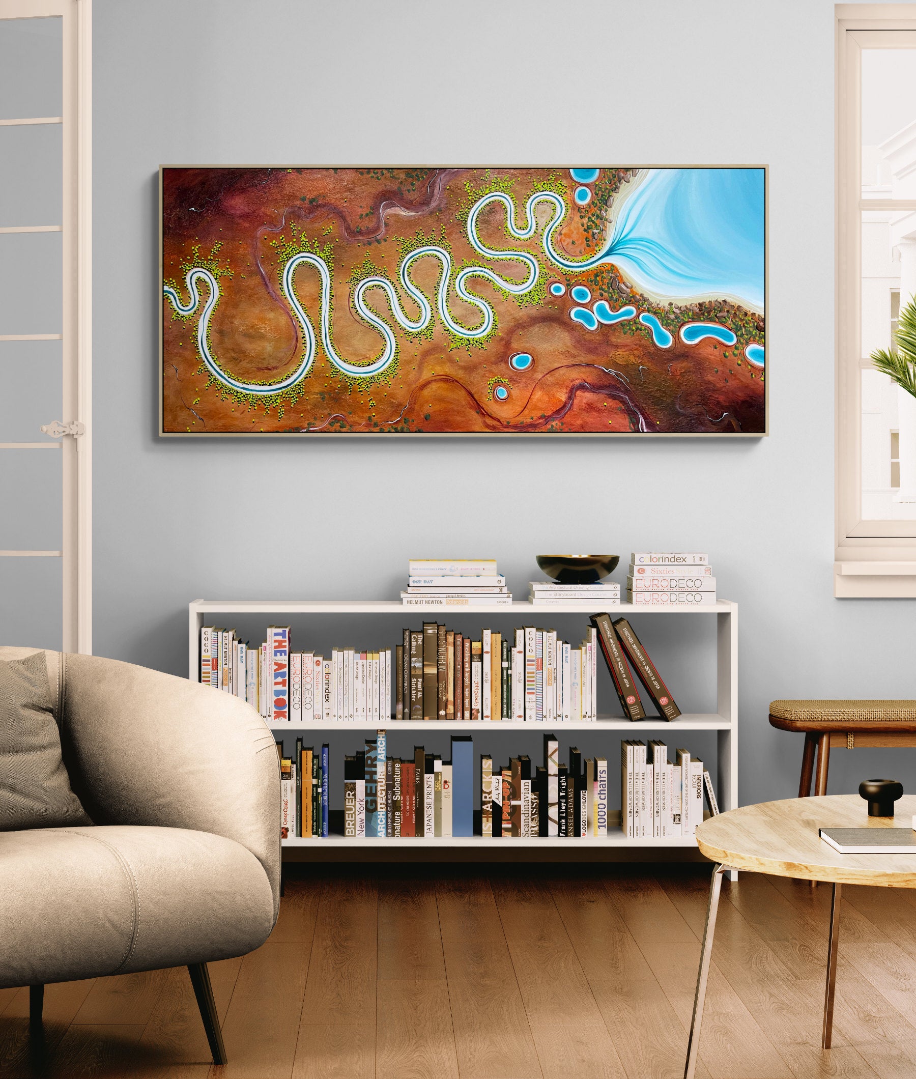 Original abstract aerial landscape by Tania Chanter, Lines Of Time, 160x70cm