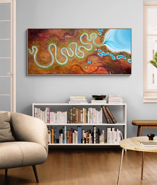 Original abstract aerial landscape by Tania Chanter, Lines Of Time, 160x70cm