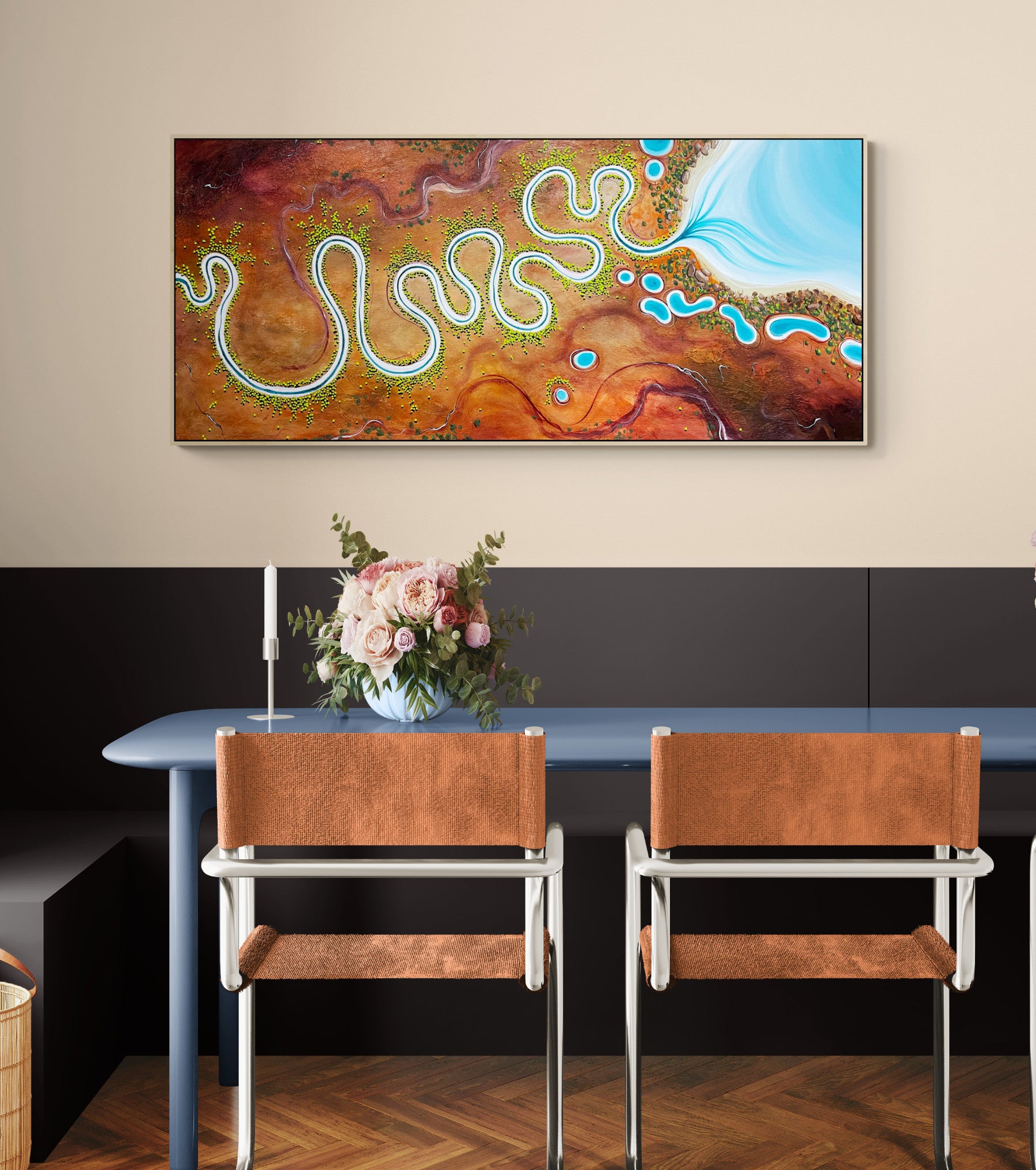Original abstract aerial landscape by Tania Chanter, Lines Of Time, 160x70cm
