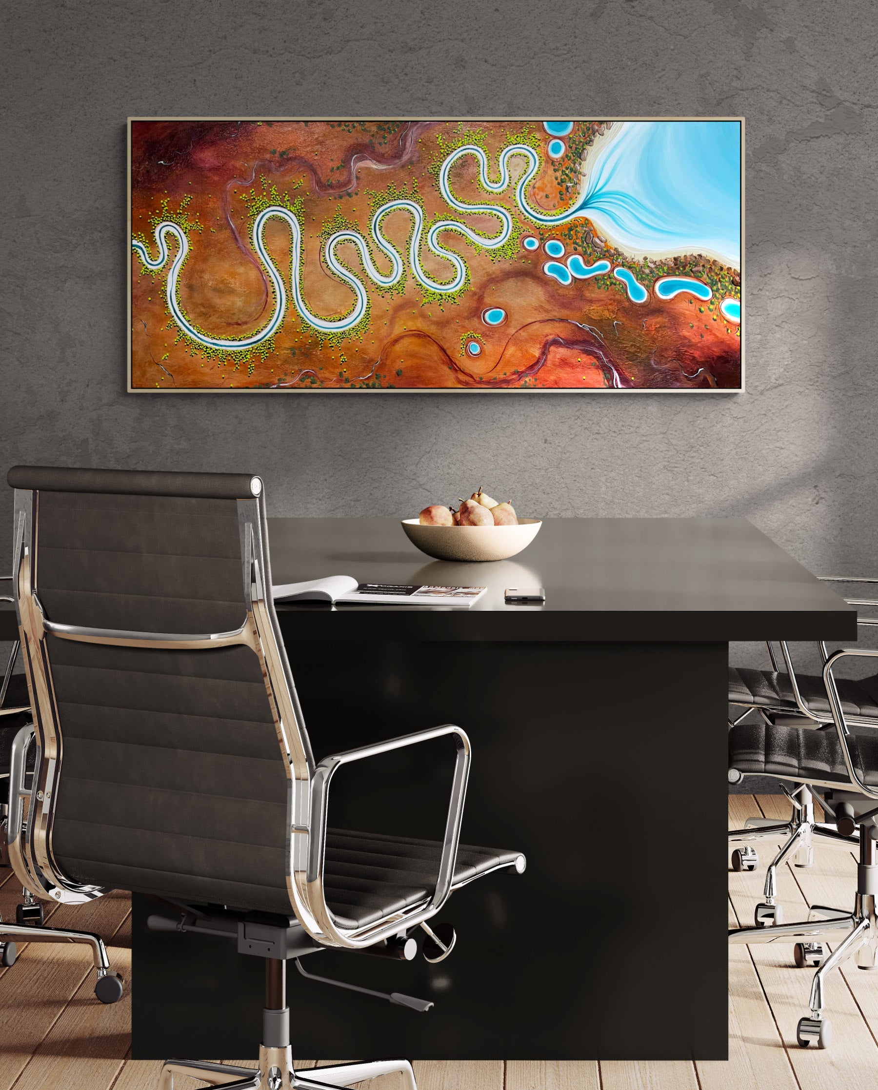 Original abstract aerial landscape by Tania Chanter, Lines Of Time, 160x70cm