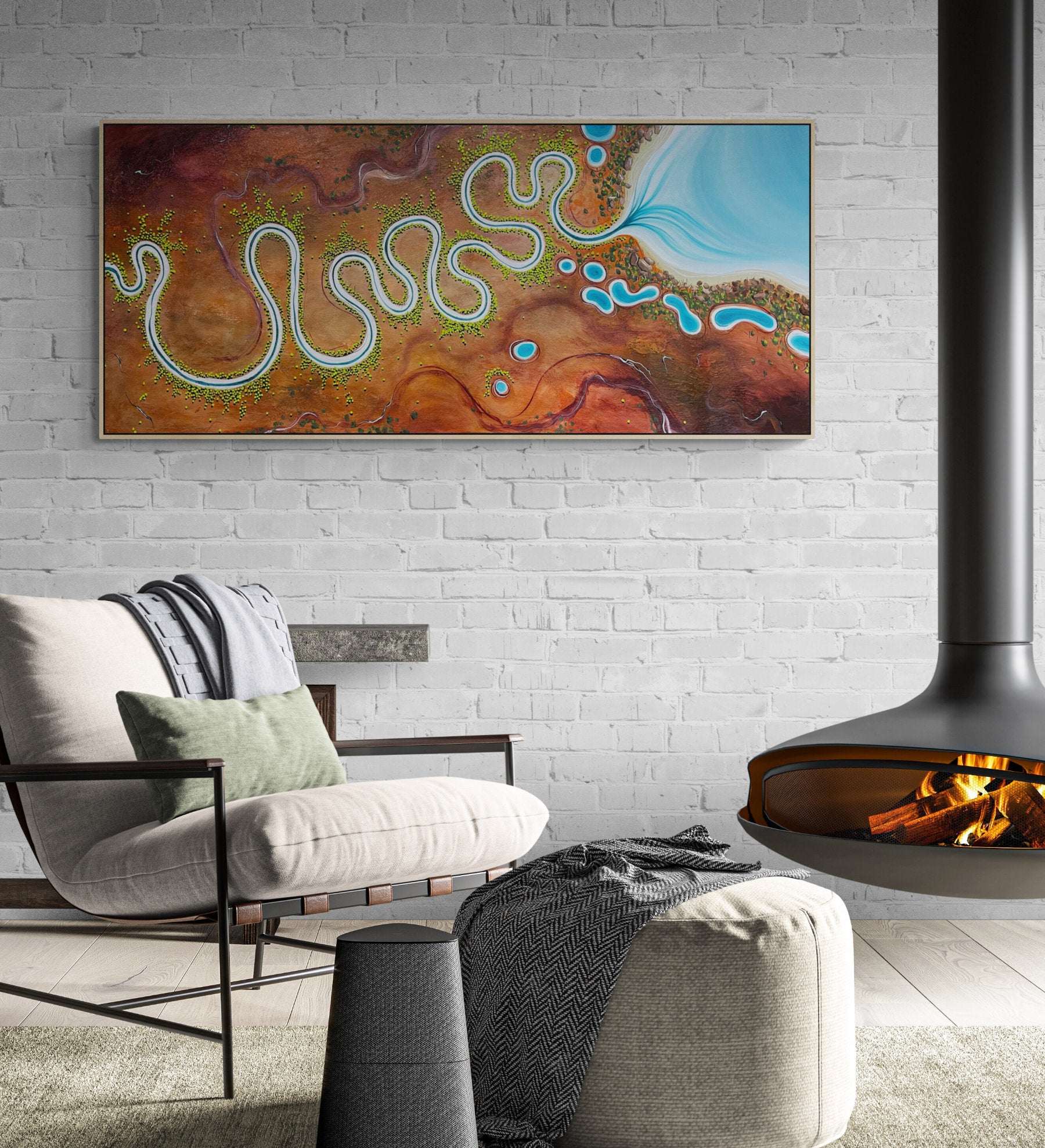 Original abstract aerial landscape by Tania Chanter, Lines Of Time, 160x70cm