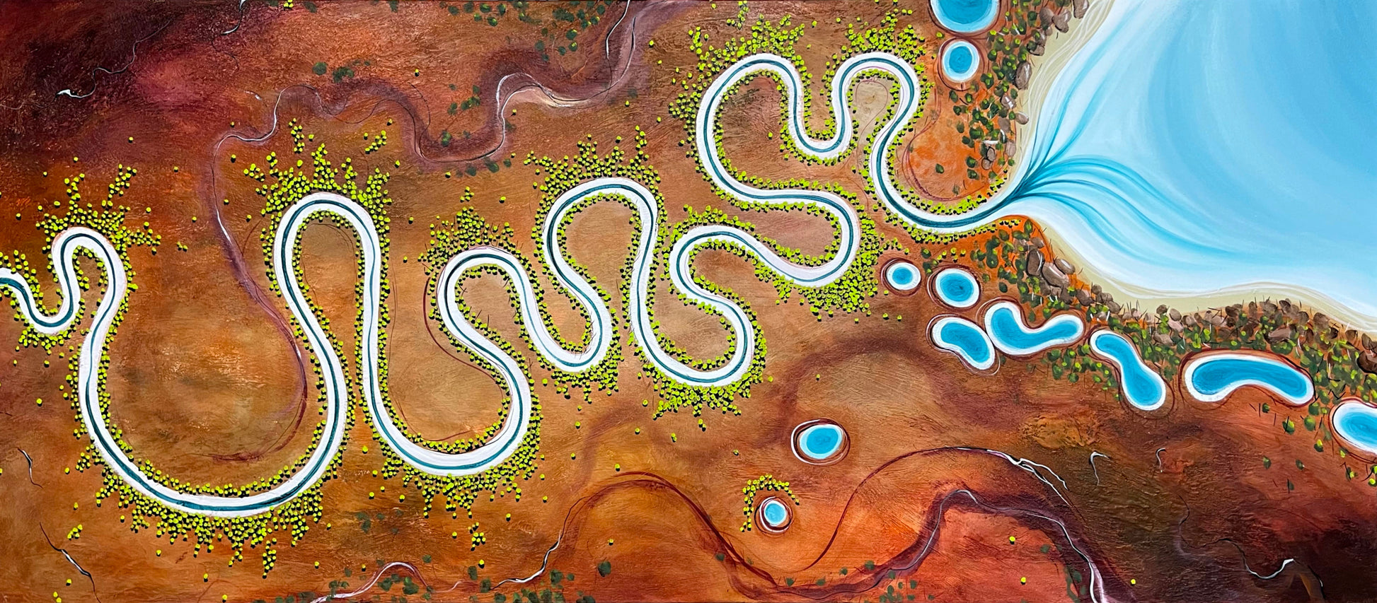 Original abstract aerial landscape by Tania Chanter, Lines Of Time, 160x70cm