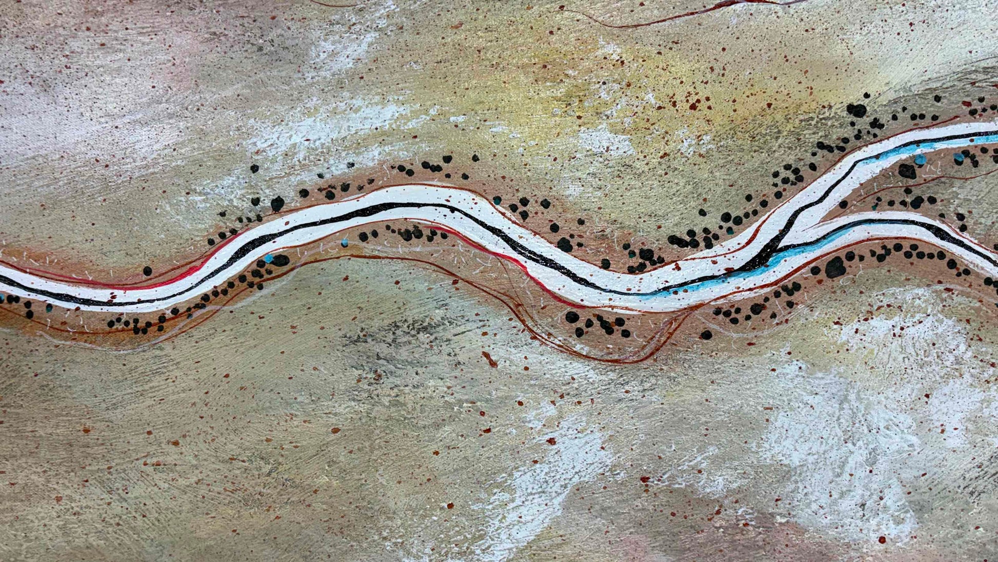 Clos cup of layers, detail and texture on Meandering Desert Rose by Australian artist Tania Chanter, acrylic on canvas, 180x90cm, textured abstract aerial landscape. 
