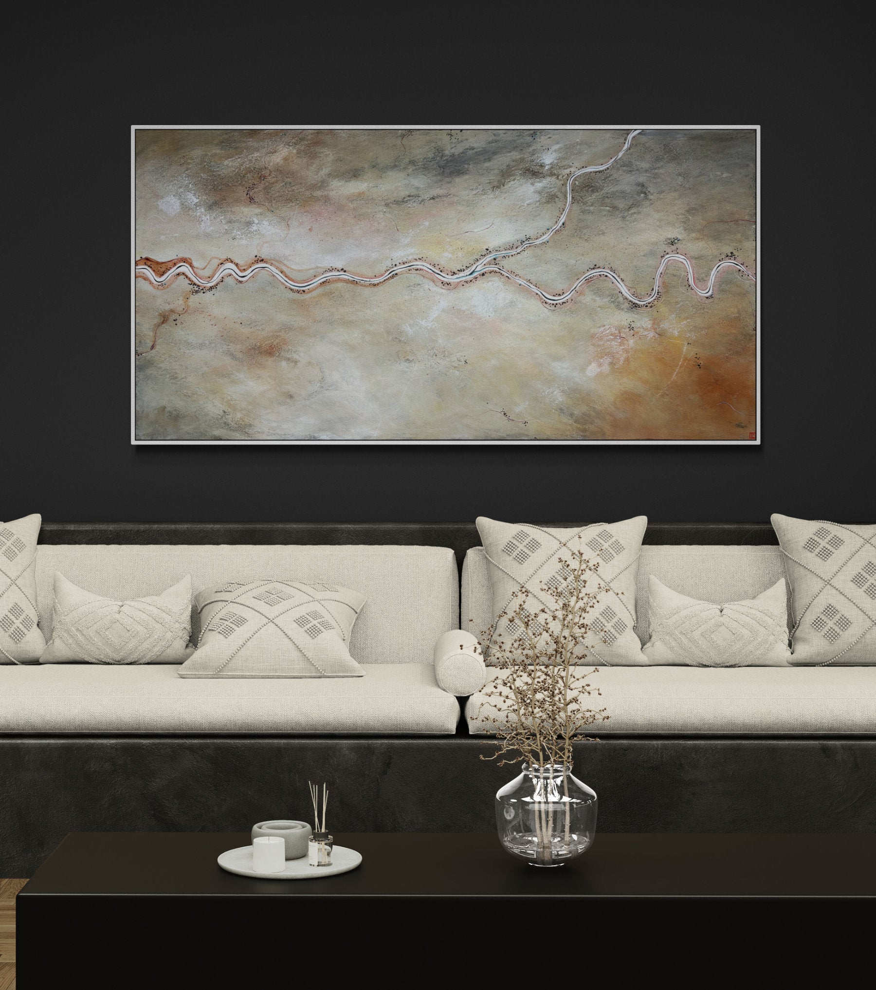 Meandering Desert Rose by Australian artist Tania Chanter, acrylic on canvas, 180x90cm, textured abstract aerial landscape. 