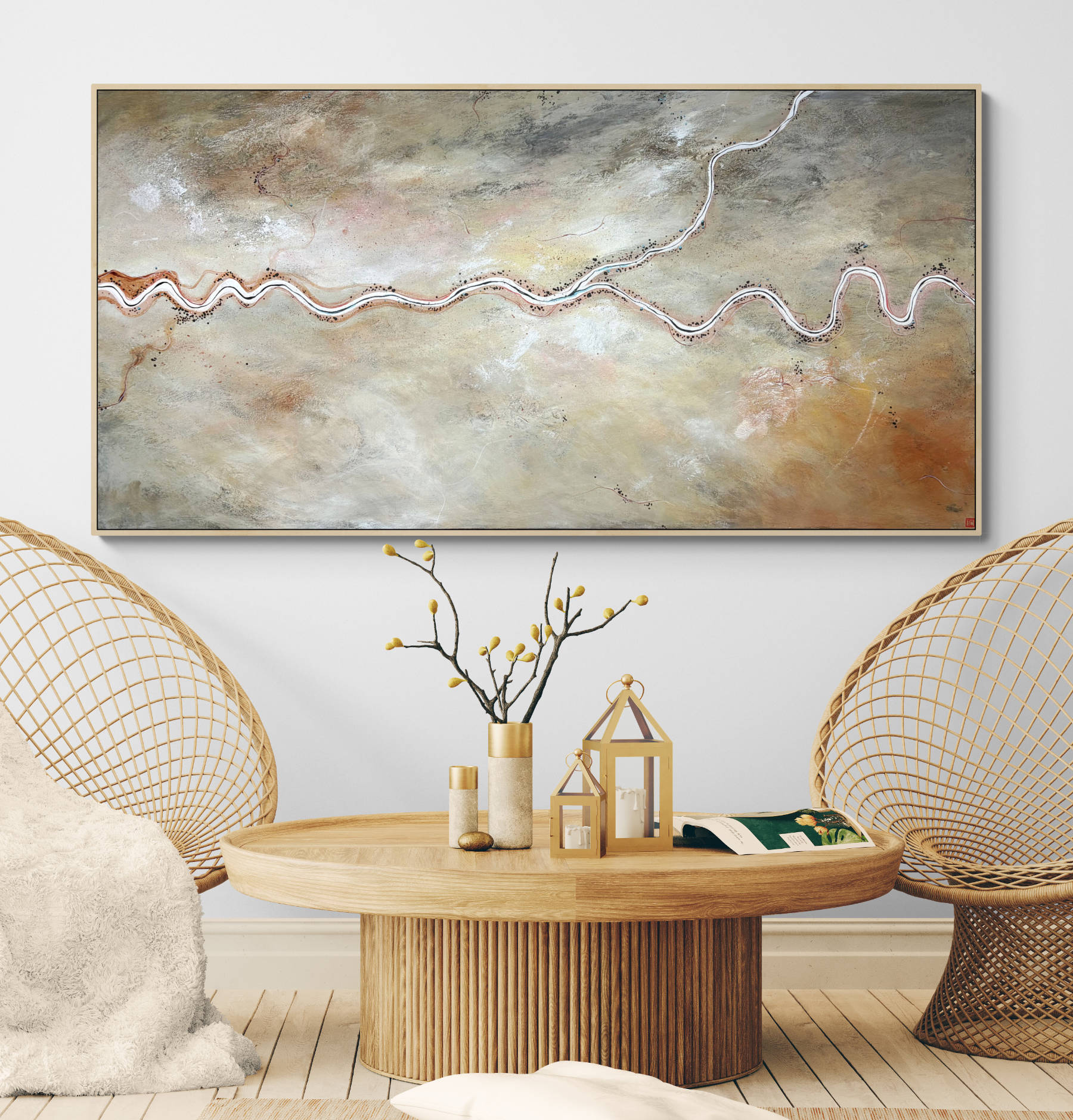 Meandering Desert Rose by Australian artist Tania Chanter, acrylic on canvas, 180x90cm, textured abstract aerial landscape. 