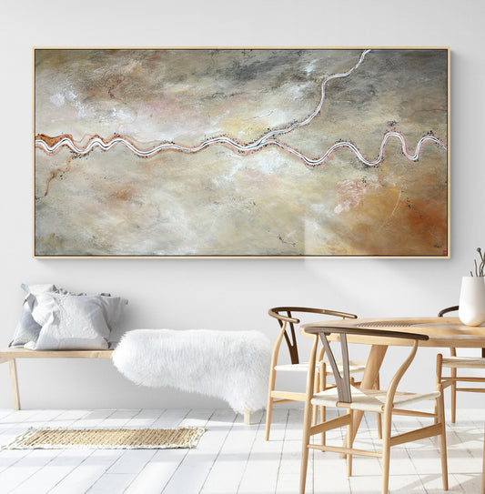 Meandering Desert Rose by Australian artist Tania Chanter, acrylic on canvas, 180x90cm, textured abstract aerial landscape. 