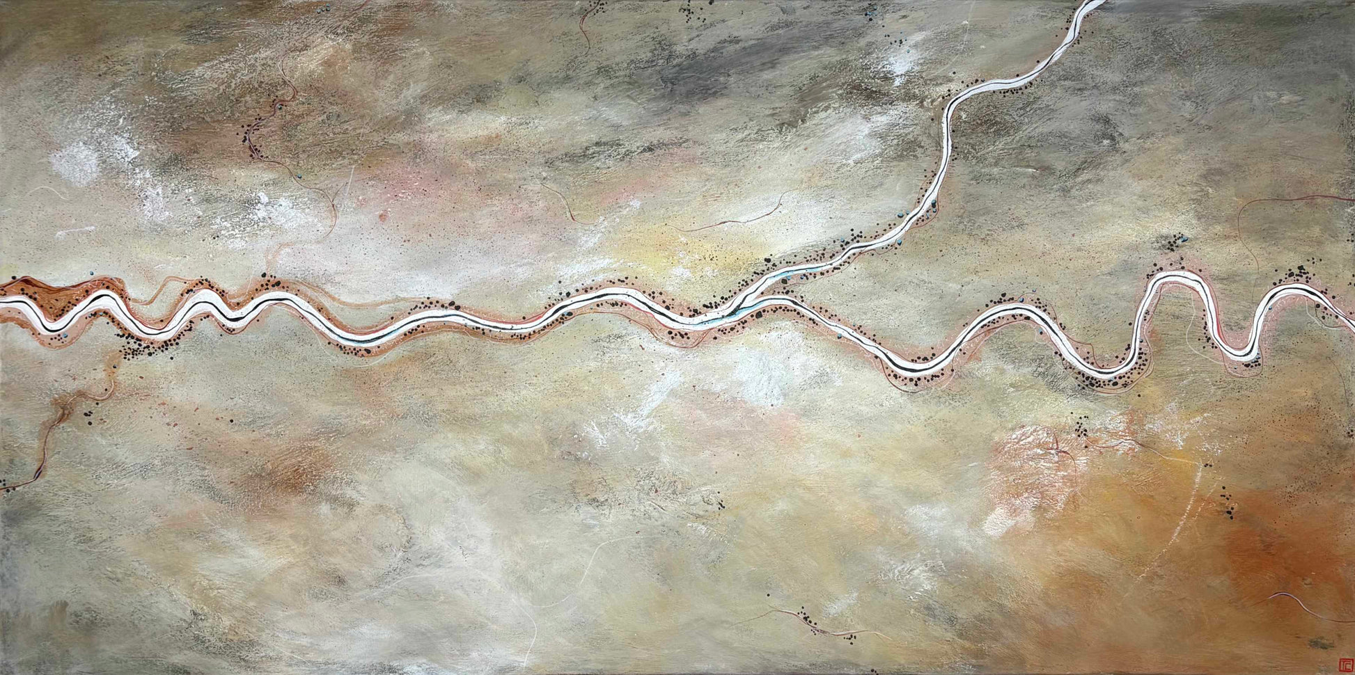 Meandering Desert Rose by Australian artist Tania Chanter, acrylic on canvas, 180x90cm, textured abstract aerial landscape. 
