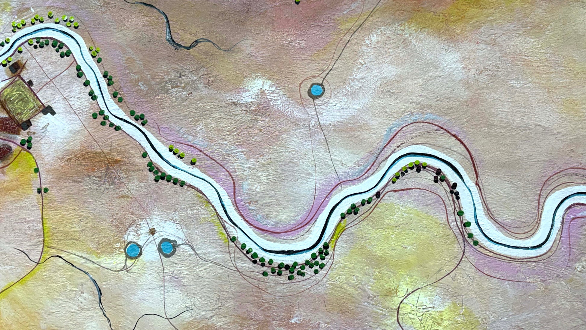 Close up of layers, detail and texture on Memories Lightly Kept by Australian artist Tania Chanter, 160x70cm, acrylic on canvas, original abstract aerial landscape. 