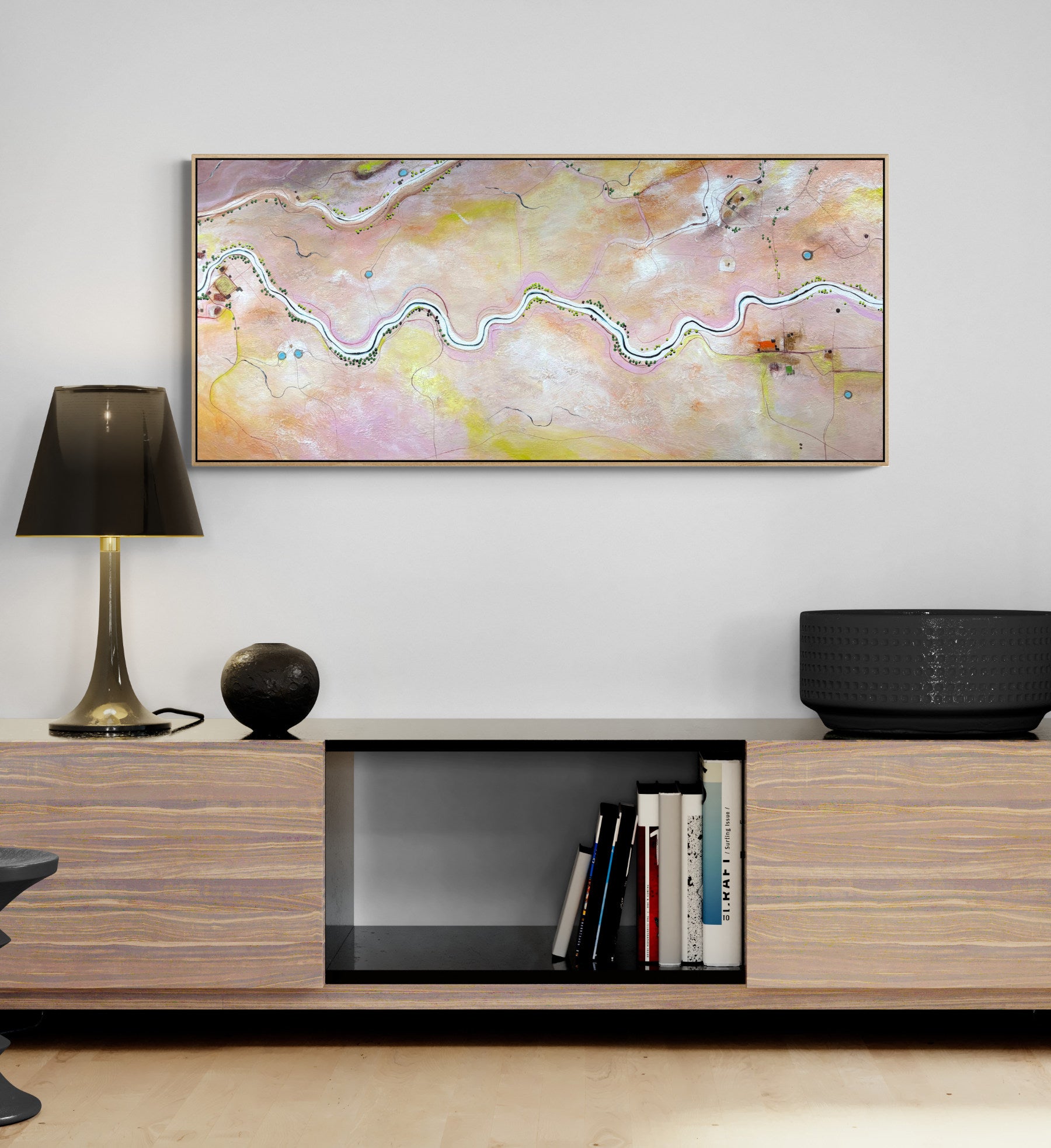 Memories Lightly Kept by Australian artist Tania Chanter, 160x70cm, acrylic on canvas, original abstract aerial landscape. 