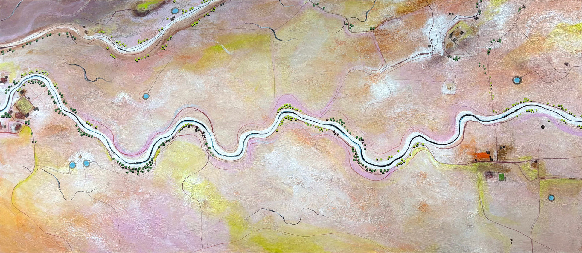 Memories Lightly Kept by Australian artist Tania Chanter, 160x70cm, acrylic on canvas, original abstract aerial landscape. 