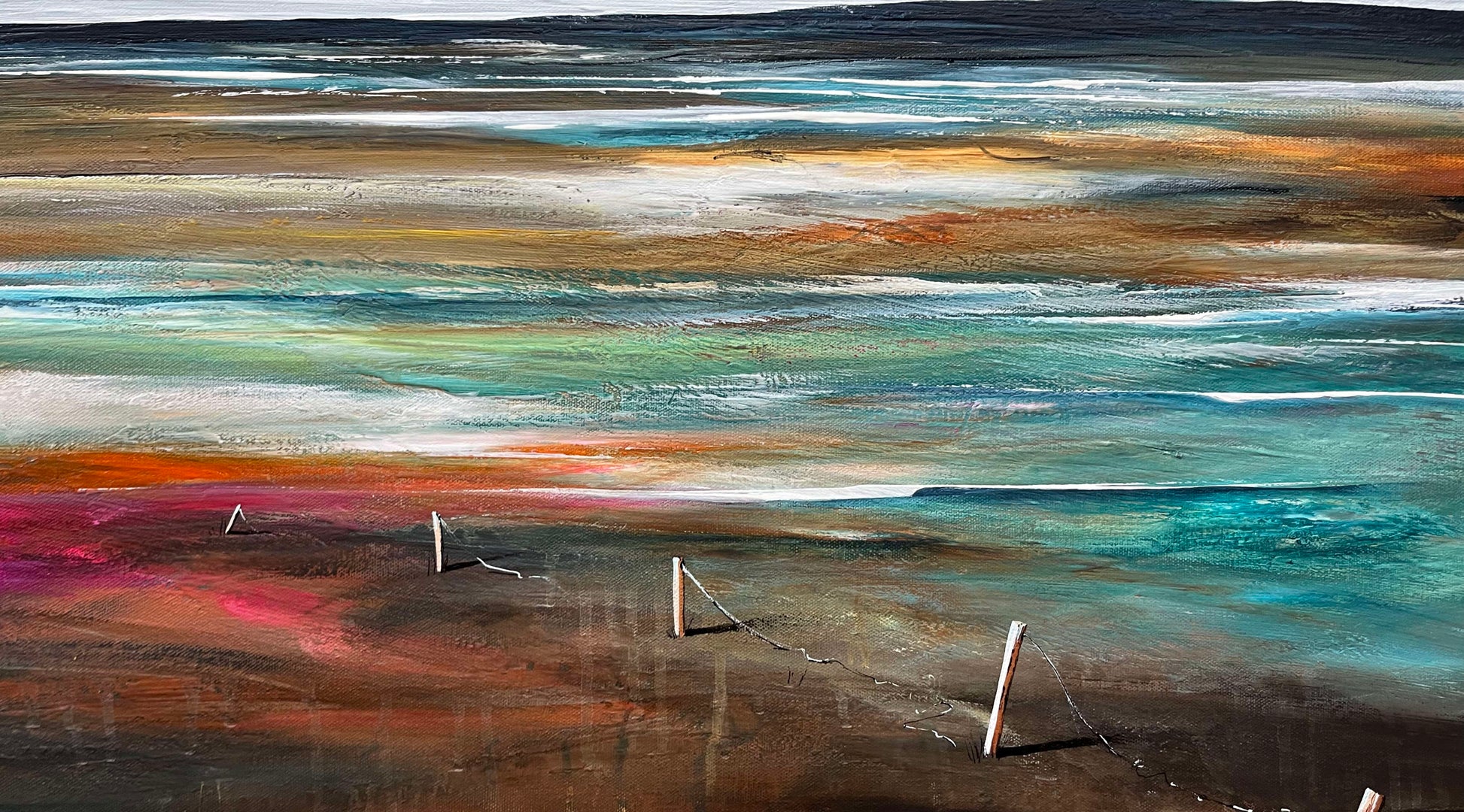 Close up of layers, detail and texture on Mist and Memory by Tania Chanter, a moody abstract landscape, 120x90cm, acrylic on canvas.
