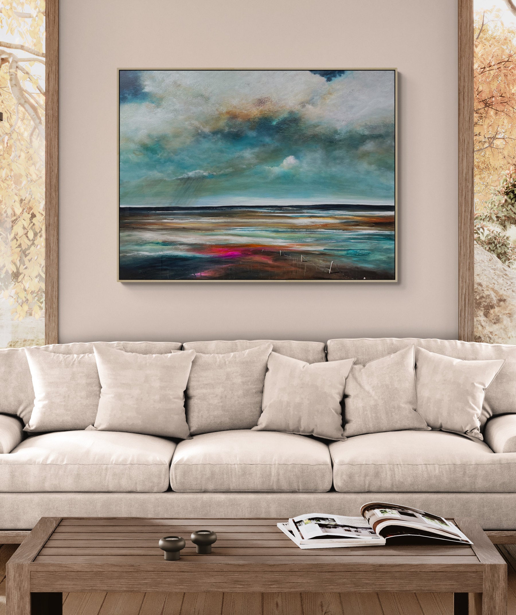Mist and Memory by Tania Chanter, a moody abstract landscape, 120x90cm, acrylic on canvas.