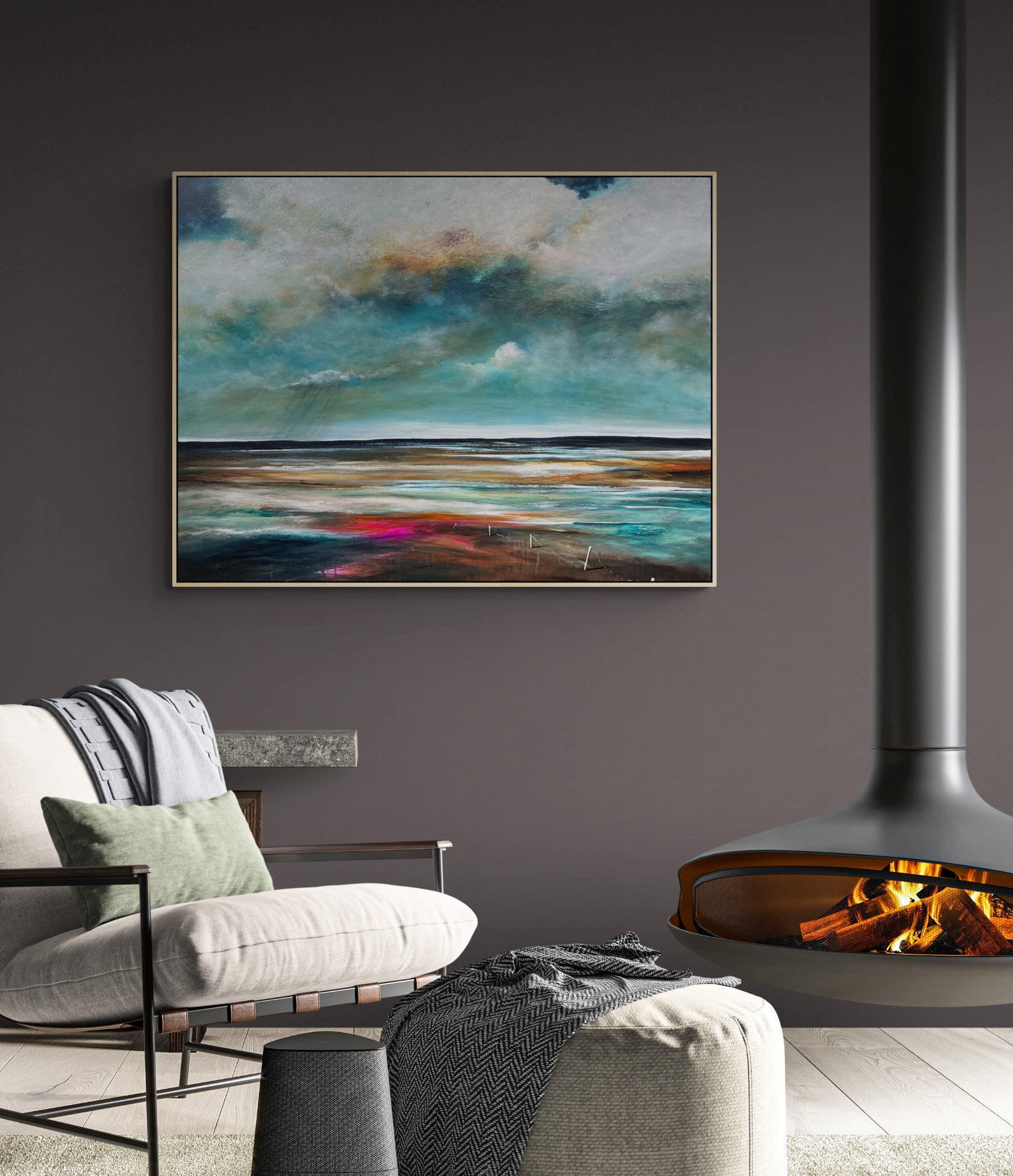 Mist and Memory by Tania Chanter, a moody abstract landscape, 120x90cm, acrylic on canvas.
