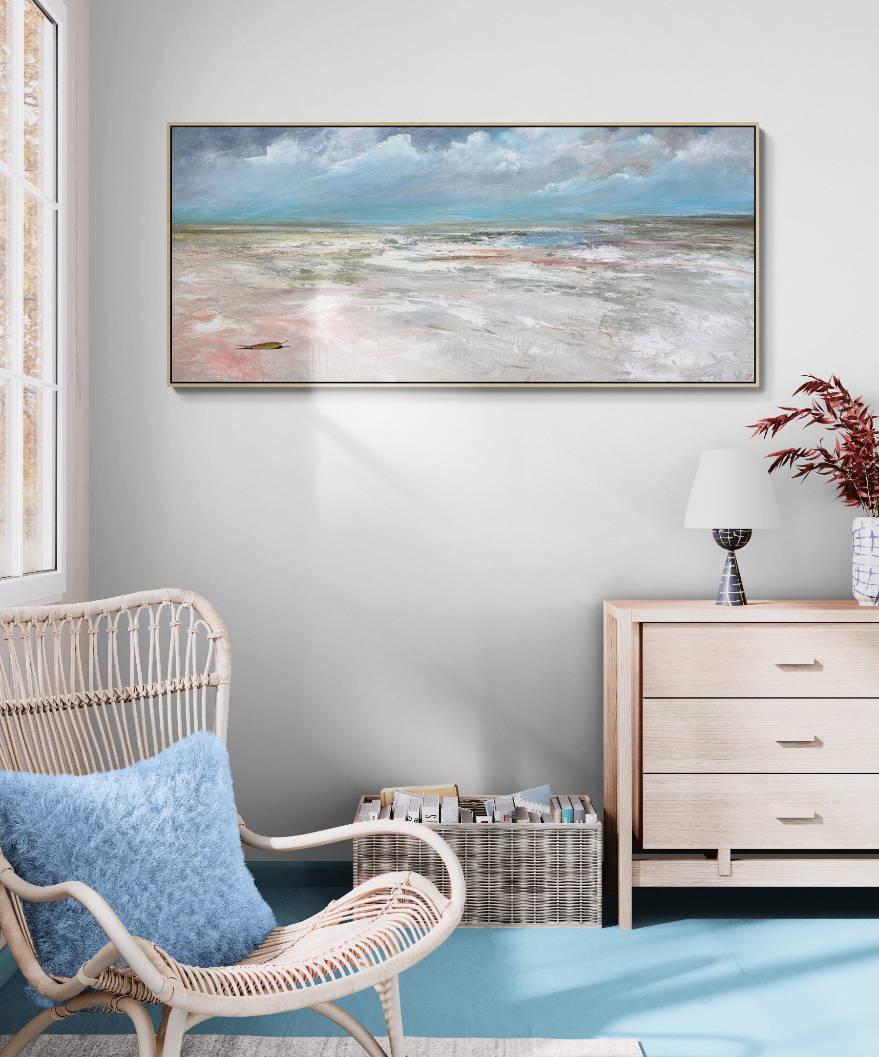 Morning Finds You by Australian artist Tania Chanter, 160x70cm, acrylic on canvas, abstract textured seascape. 