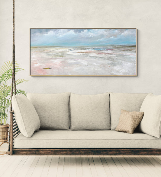 Morning Finds You by Australian artist Tania Chanter, 160x70cm, acrylic on canvas, abstract textured seascape. 