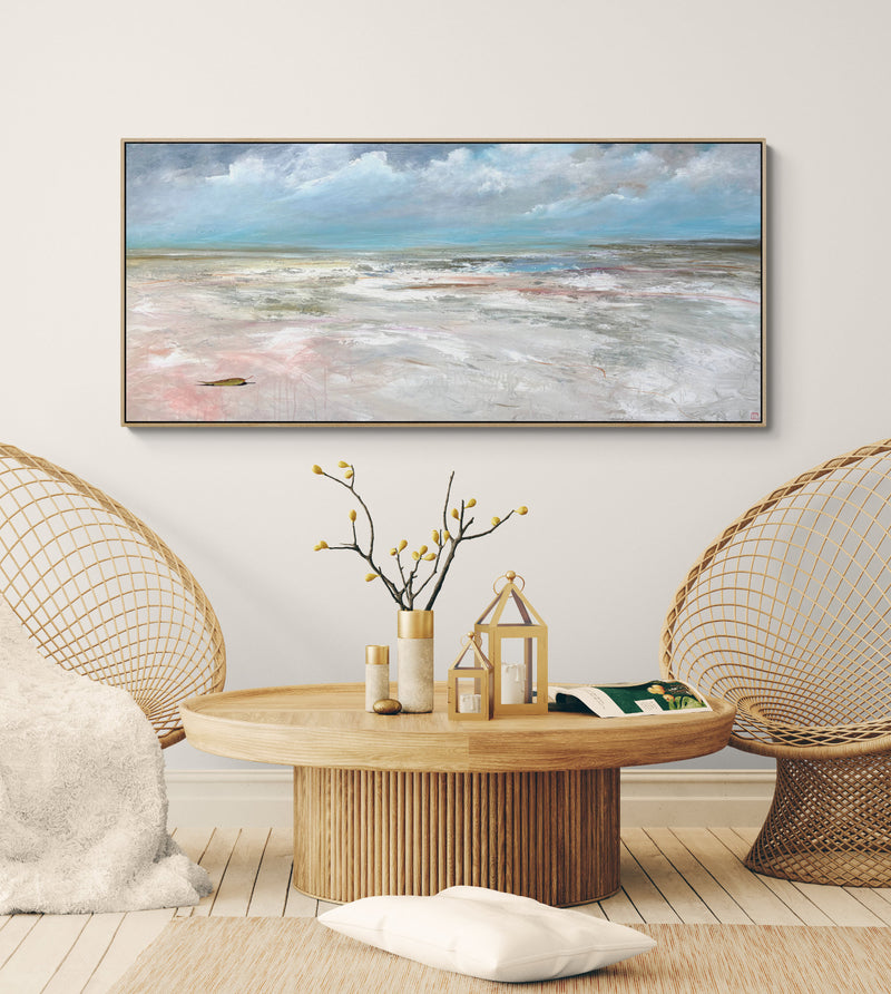 Morning Finds You by Australian artist Tania Chanter, 160x70cm, acrylic on canvas, abstract textured seascape. 