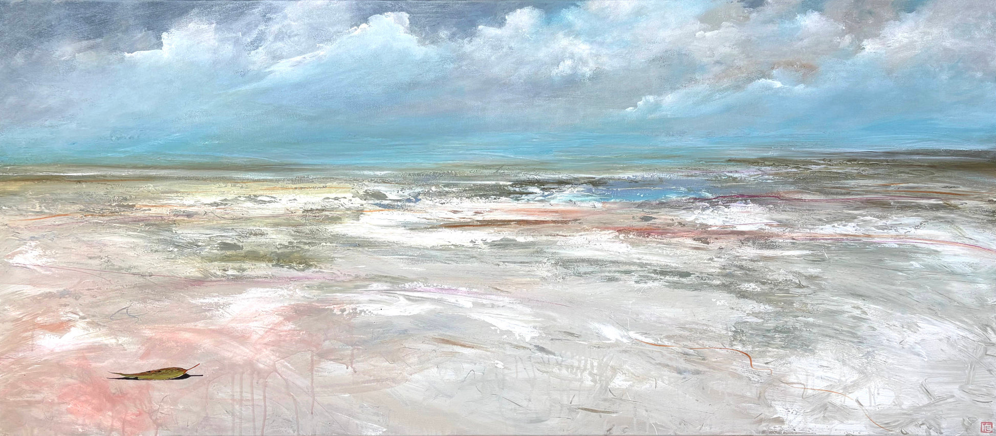 Morning Finds You by Australian artist Tania Chanter, 160x70cm, acrylic on canvas, abstract textured seascape. 