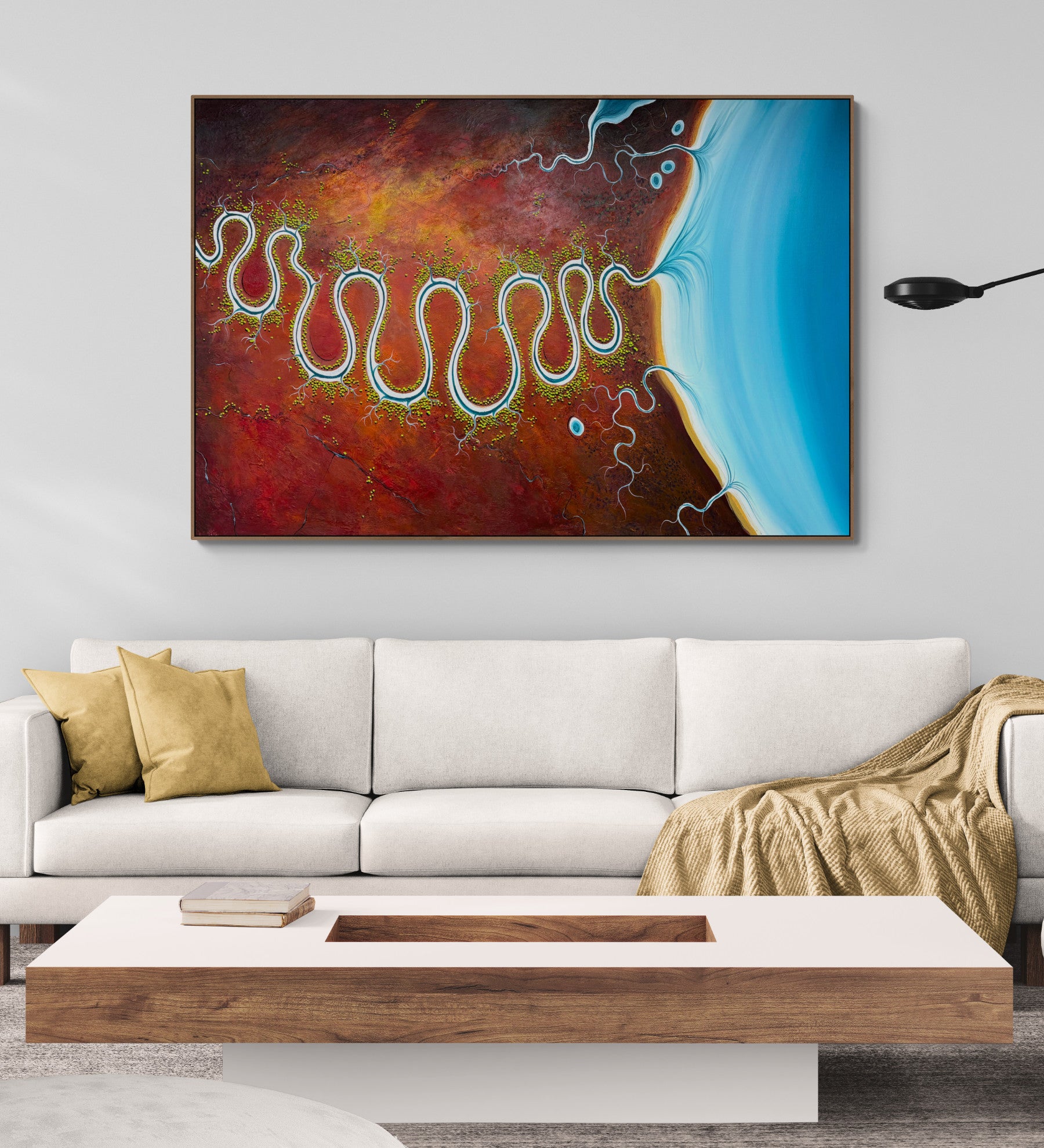 Original, aerial abstract landscape painting; Of Fire, Clay and Time by Australian artist Tania Chanter. Acrylic on canvas, 180x120cm.