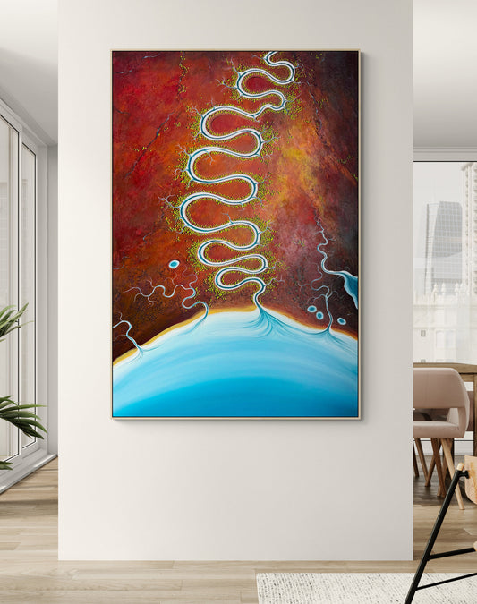 Original, aerial abstract landscape painting; Of Fire, Clay and Time by Australian artist Tania Chanter. Acrylic on canvas, 180x120cm.