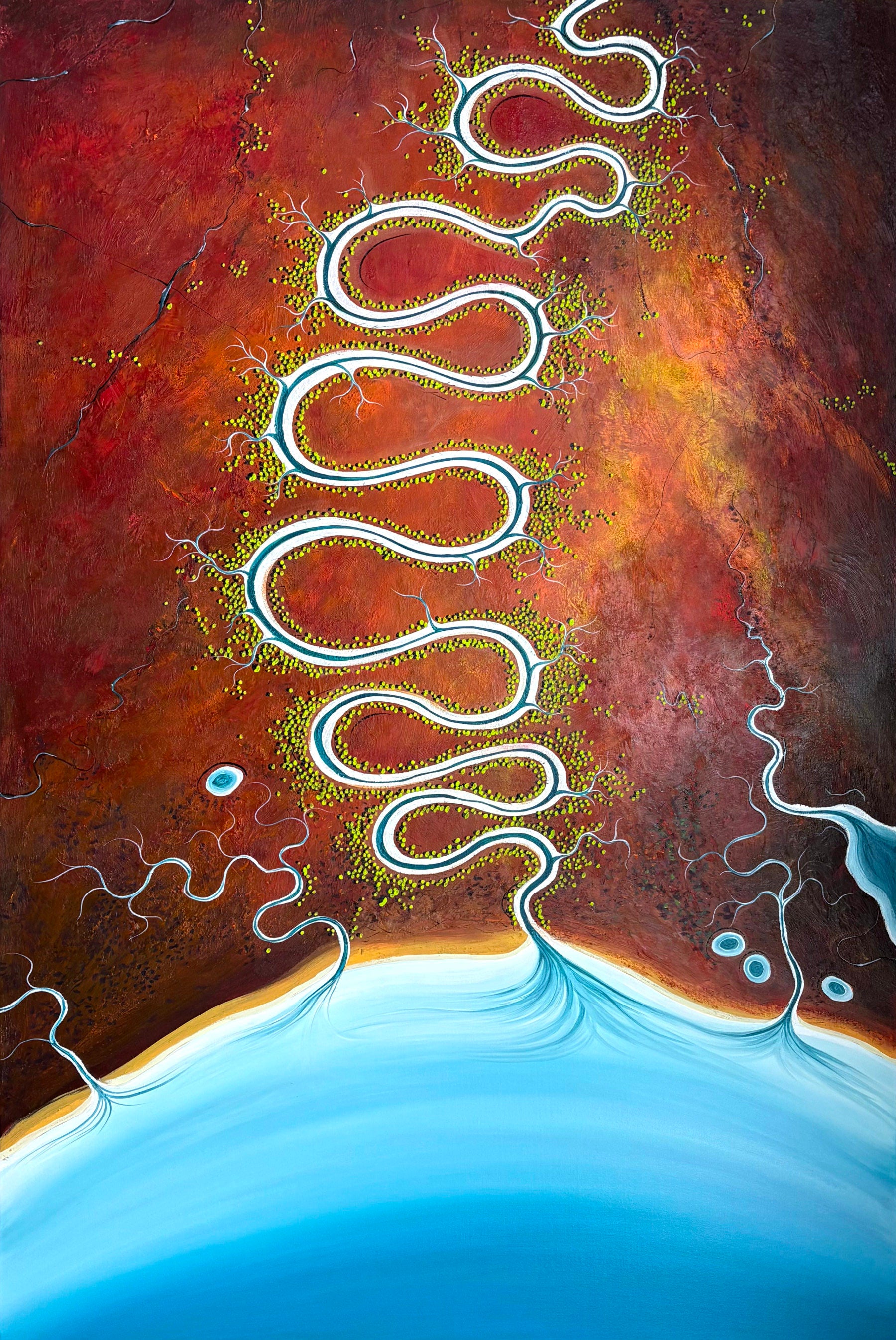 Original, aerial abstract landscape painting; Of Fire, Clay and Time by Australian artist Tania Chanter. Acrylic on canvas, 180x120cm. Hung portrait orientation.